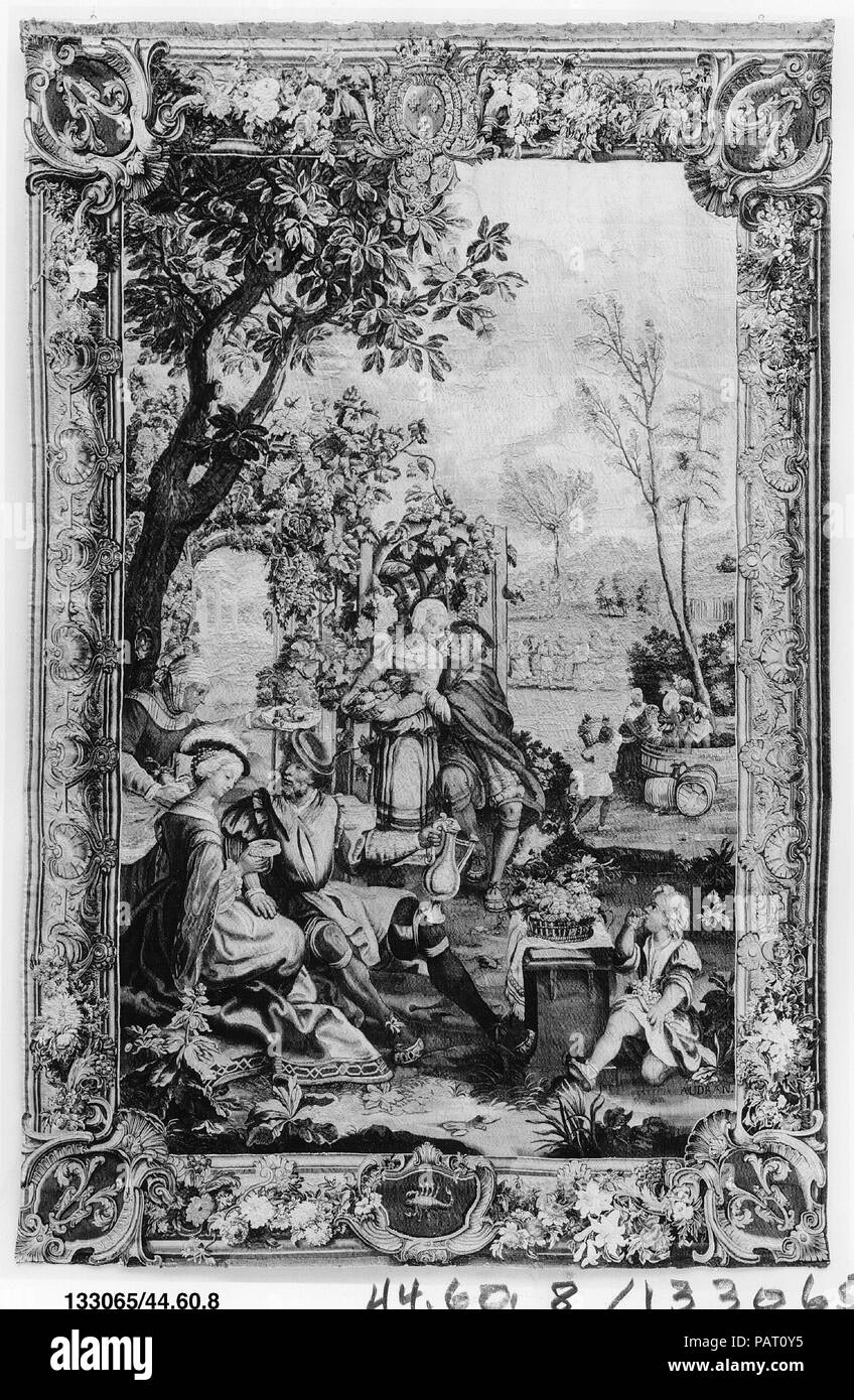Oktober von einem Satz von den Monaten Lucas. Kultur: Französisch, Paris. Designer: Master der Monate Lucas (Niederländischen, aktiv über 1535); Ergänzungen und Änderungen wahrscheinlich von Joseph Yvart (1649-1728); und Charles Chastelain (1672-1755); und vielleicht von Louis de Boulogne der Jüngere (1654-1733); Grenzen von Pierre Josse Perrot (1724-35). Abmessungen: H.142 x W. 108 Zoll (360.7 x 472.4 cm). Teekocher: Gewebe unter der Leitung von Michel Audran (Französisch, 1701-1771 Paris). Manufaktur: Herstellung Nationale des Gobelins (Französisch, gegründet 1662). Schirmherr: Beauftragte für Comte de Toulouse Stockfoto