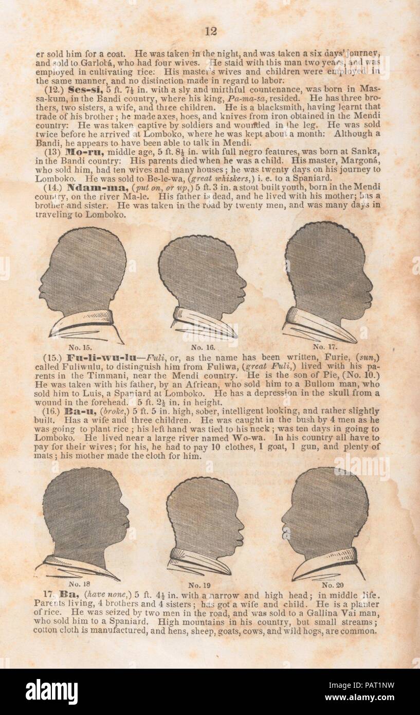 Eine Geschichte der Amistad Gefangenen: Als Indizien bei der Erfassung der Spanischen Schoners Amistad, der durch die Afrikaner an Bord; Ihre Reise, und erfassen Sie sie in der Nähe von Long Island, New York; mit biographischen Skizzen der einzelnen Überlebenden Afrikaner. Abmessungen: Insgesamt: 9 7/16 x 6 1/8 in. (24 x 15,5 cm). Illustrator: John Warner Friseur (Amerikanische, Windsor, Connecticut 1798-1885 New Haven, Connecticut). Veröffentlicht in: New Haven. Datum: 1840. Museum: Metropolitan Museum of Art, New York, USA. Stockfoto