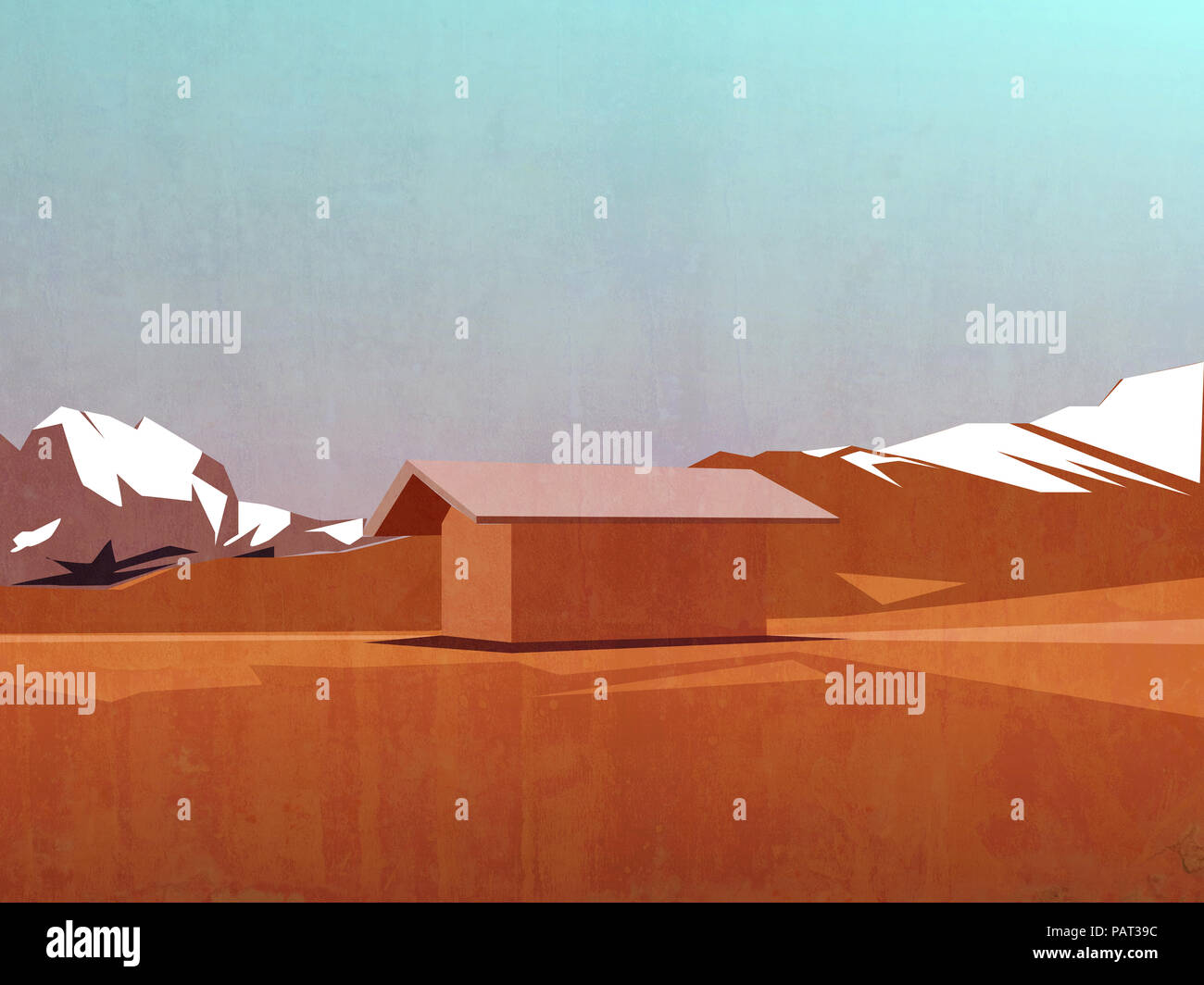 Hütte in Landschaft Illustration - Haus in der Natur malen Stockfoto