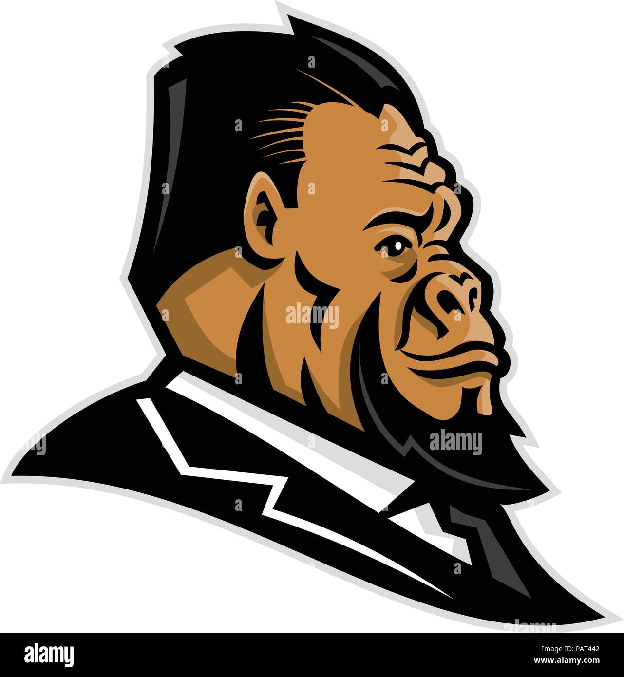 Maskottchen Symbol Abbildung: Kopf eines gepflegten Gorilla, ape, Primas, caveman, Neanderthal oder primitiven Mann mit Anzug und Krawatte gesehen Stock Vektor