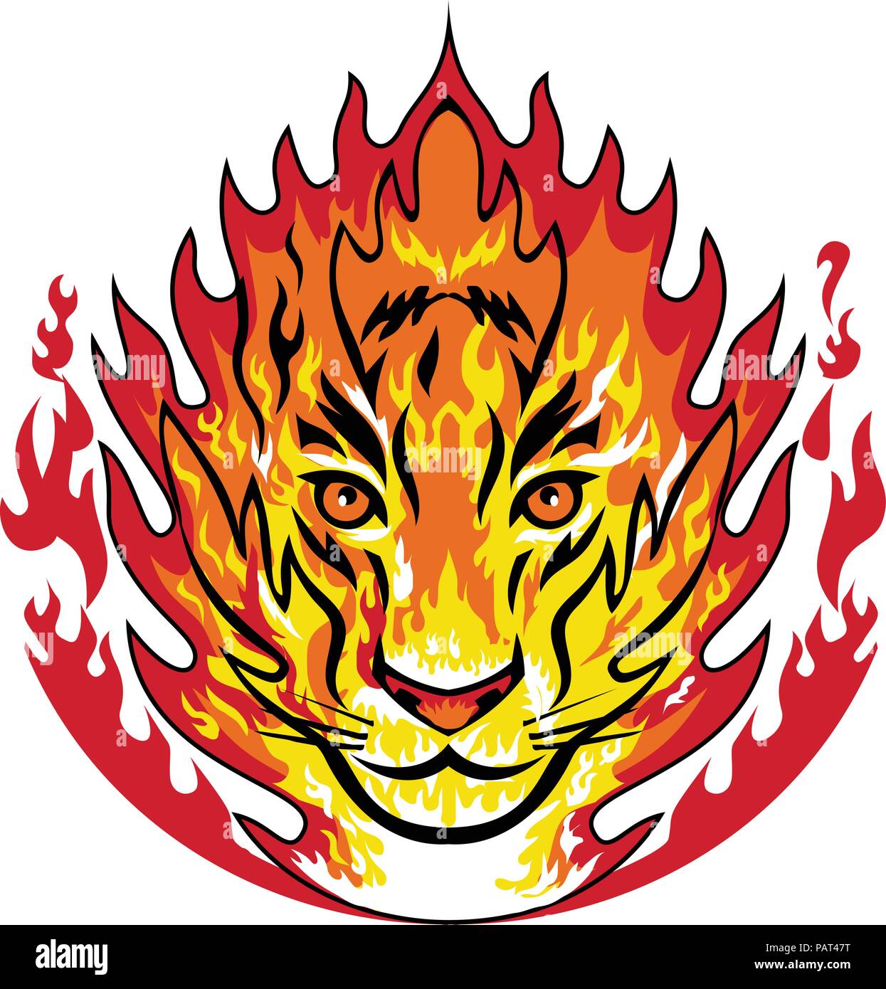 Maskottchen Symbol Abbildung: Flaming Kopf von einem Tiger oder große große Katze auf Brand in Flammen von vorne auf dem isolierten Hintergrund betrachtet im Retro-Stil eingerichtet Stock Vektor