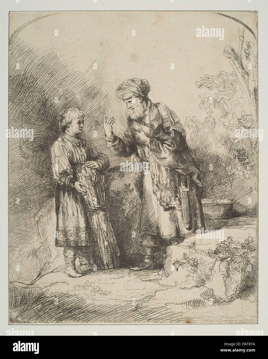 Abraham und Isaak (rückwärts kopieren). Artist: Nach Rembrandt (Rembrandt van Rijn) (Niederländisch, Leiden 1606-1669 Amsterdam). Abmessungen: Blatt (getrimmte): 6 1/4 in. X 5 in. (15,9 × 12,7 cm). Datum: n. d.. Museum: Metropolitan Museum of Art, New York, USA. Stockfoto