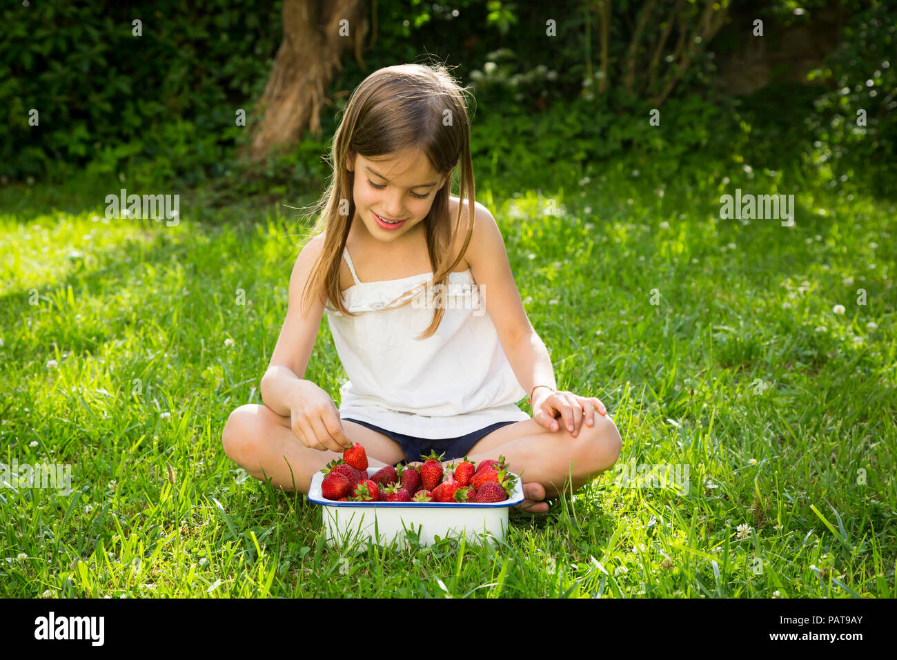 Lächelnde Mädchen sitzen auf Wiese mit Schüssel Erdbeeren Stockfoto