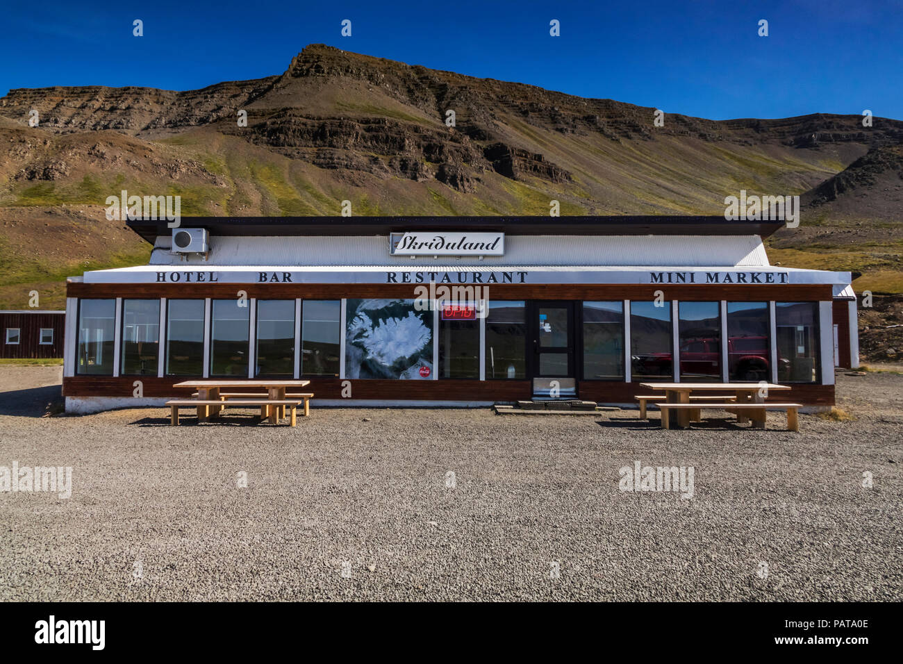Shop und Restaurant, Skriduland, Westfjorde, Island Stockfoto