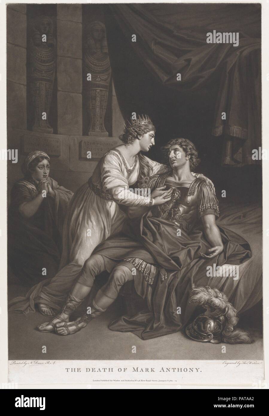 Der Tod von Marcus Antonius (Shakespeare, Antonius und Cleopatra, Akt 4, Szene 15). Artist: Nach Nathaniel Dance-Holland (Briten, London 1735-1811 Winchester). Abmessungen: Blatt (innerhalb der Platte getrimmt): 21 15/16 x 14 3/4 in. (55,8 × 37,5 cm). Engraver: Thomas Watson (Briten, London 1743-1781 London). Herausgeber: Thomas Watson (Briten, London 1743-1781 London). Betrifft: William Shakespeare (Britisch, Stratford-upon-Avon 1564-1616 Stratford-upon-Avon). Datum: Januar 1, 1780. Museum: Metropolitan Museum of Art, New York, USA. Stockfoto