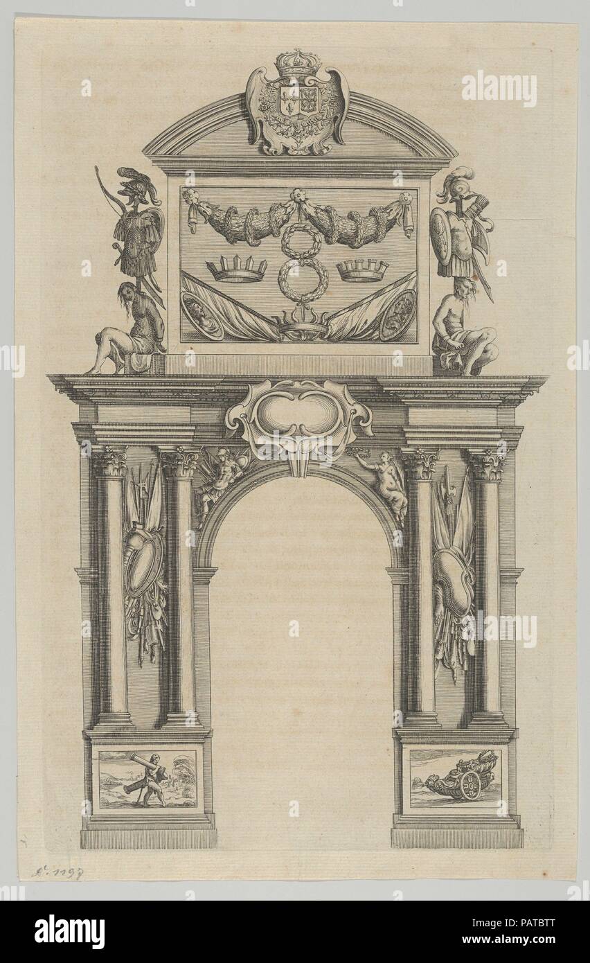 Triumphbogen, von 'Éloges et Discours sur la triomphante Réception du Roy de sa Ville de Paris...' von Jean-Baptiste de Machault. Artist: Melchior Tavernier (Französisch (Flandern), Antwerpen, Paris 1564-1641); Pierre Firens ich (Flandern, Antwerpen 1580-1638 Paris); Nach Abraham Bosse (Französisch, Touren 1602/1604-1676 Paris). Thema: Jean-Baptiste de Machault (Französisch, 17. Jahrhundert). Maße: Blatt: 12 1/16 x 7 7/8 in. (30,7 × 20 cm) Platte: 11 1/8 x 7 3/16 in. (28,2 × 18,2 cm). Datum: 1629. Museum: Metropolitan Museum of Art, New York, USA. Stockfoto