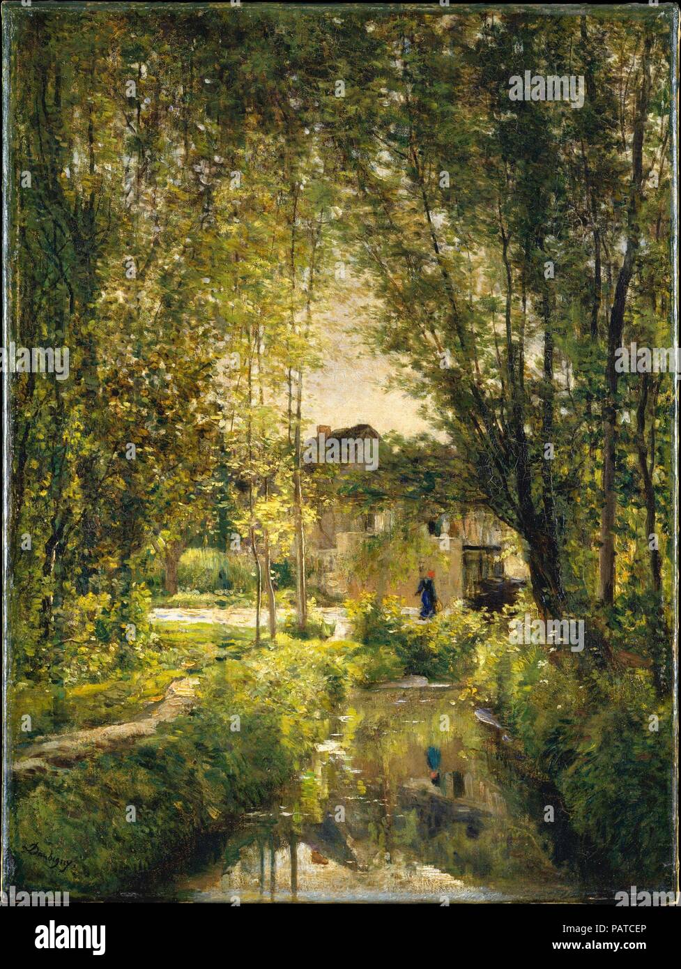 Landschaft mit einem sonnendurchfluteten Stream. Artist: Charles-Fran çois Daubigny (Französisch, Paris 1817-1878 Paris). Abmessungen: 25 1/8 x 18 7/8 in. (63,8 x 47,9 cm). Datum: Ca. 1877. Daubigny begann seine Arbeiten regelmäßig Ausstellen auf der Salon in 1838 und in den frühen 1850er Jahren beachtliche Erfolge als Landschaftsmaler erreicht hatten. Wasser spielt in seine Bilder - vor allem in seiner riverscapes aus der Sicht seines Studios - Boot gemalt. Dieses Gemälde von flackernden brushwork und aufgehellte Palette beziehen sich auf die Werke der Impressionisten, deren Einfluss auf die daubigny aus seinem Kontakt witz Wuchs Stockfoto