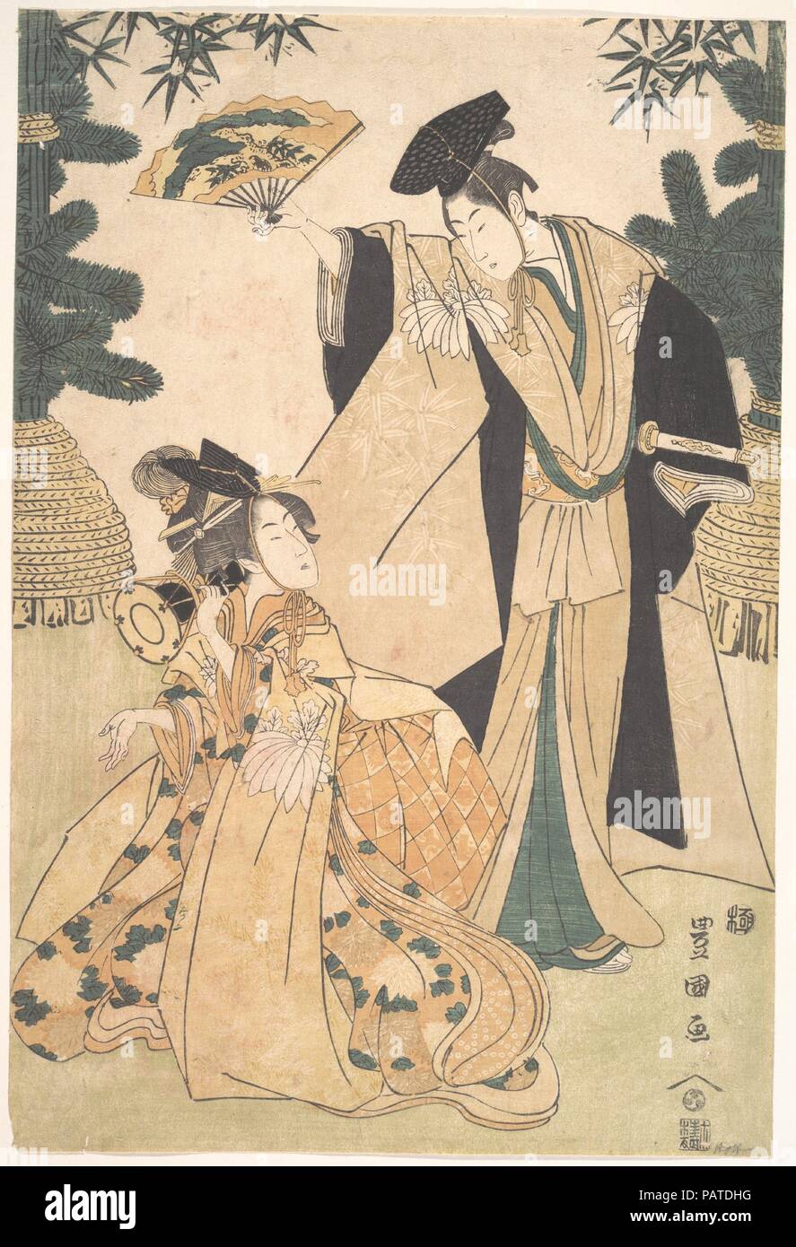 Junge Dame mit Trommel und Mann mit Ventilator Salutierte. Artist: Utagawa Toyokuni I (Japanisch, 1769-1825). Kultur: Japan. Abmessungen: H.14 cm. (35,9 cm); W. 10. (25,4 cm). Museum: Metropolitan Museum of Art, New York, USA. Stockfoto