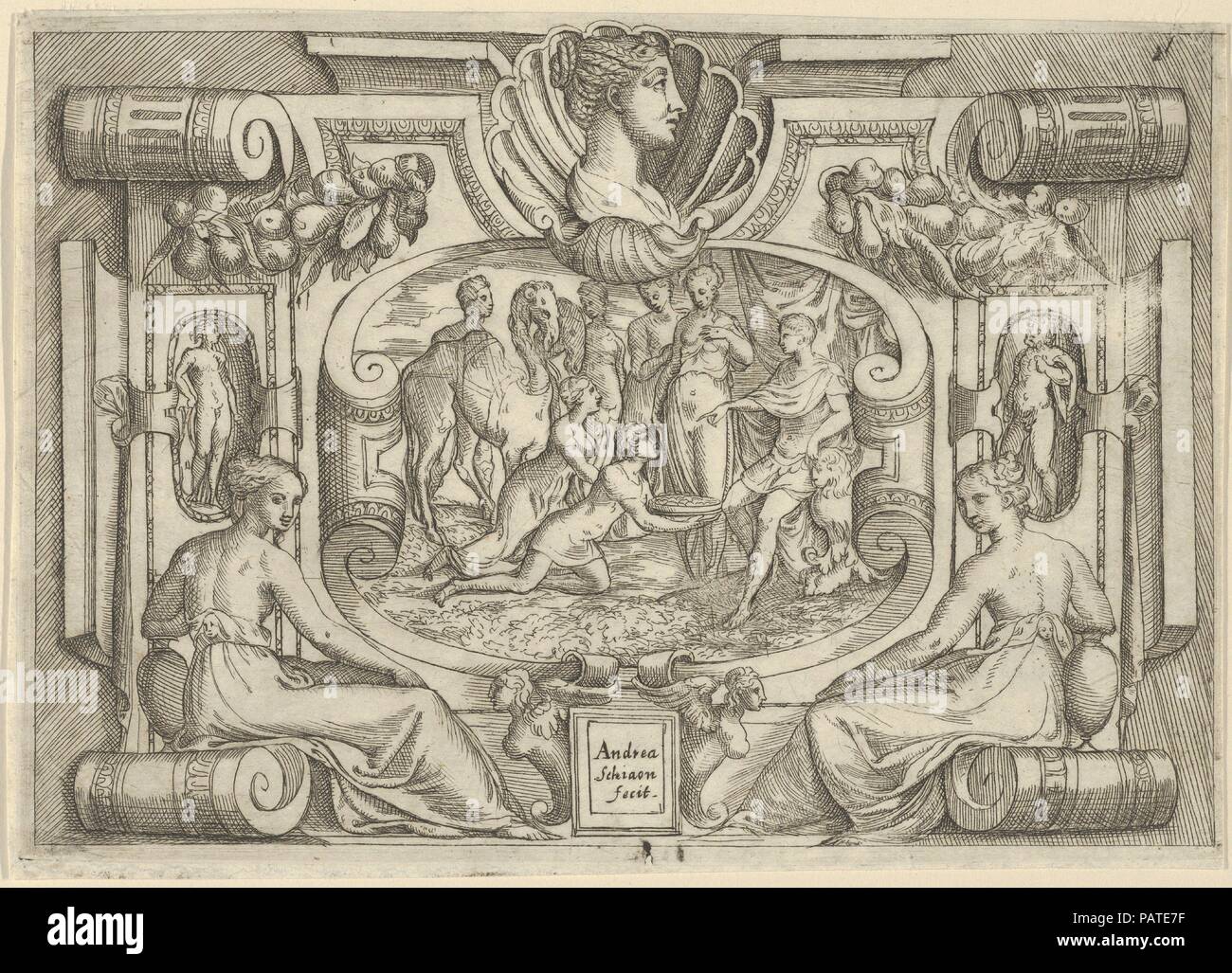 Ein Mann und eine Frau, die eine Platte mit Münzen zu einem König auf dem Thron sitzt, innerhalb einer aufwendigen Rahmens fest. Artist: Battista angolo del Moro (Italien, Verona Ca. 1515-ca. 1573 Murano); Früher zugeschrieben, Andrea Schiavone (Andrea Meldola) (Italienisch, Zadar (Zara) Ca. 1510?-1563 Venedig); Nach Jacques Androuet Du Cerceau (Französisch, Paris 1510/12-1585 Annecy). Abmessungen: Blatt (getrimmte): 5 1/16 x 7 1/16-in. (12,8 x 18 cm). Datum: Ca. 1540-80. Museum: Metropolitan Museum of Art, New York, USA. Stockfoto