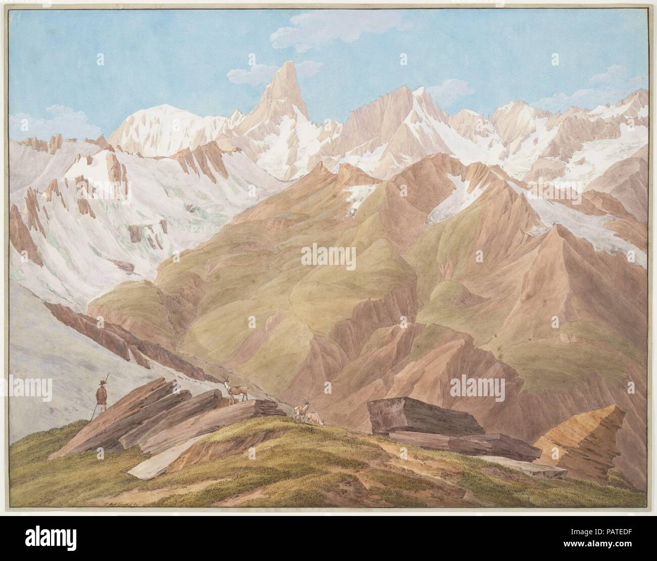 Blick auf das Massiv des Mont Blanc in der Nähe des "Petit Jorasse, Grand Jorasse, Le Géant' mit der 'Gletscher des Périades et Jorasse' und die 'Glacier de la Venval" ab dem "Col de Fenêtre gesehen près du Gd. St. Bernhard". Artist: Jean-Antoine Linck (Schweiz, Genf 1766-1843 Genf). Maße: Blatt: 16 15/16 x 22 1/16-in. (43 x 56 cm). Datum: Ende des 18. Jahrhunderts. Museum: Metropolitan Museum of Art, New York, USA. Stockfoto