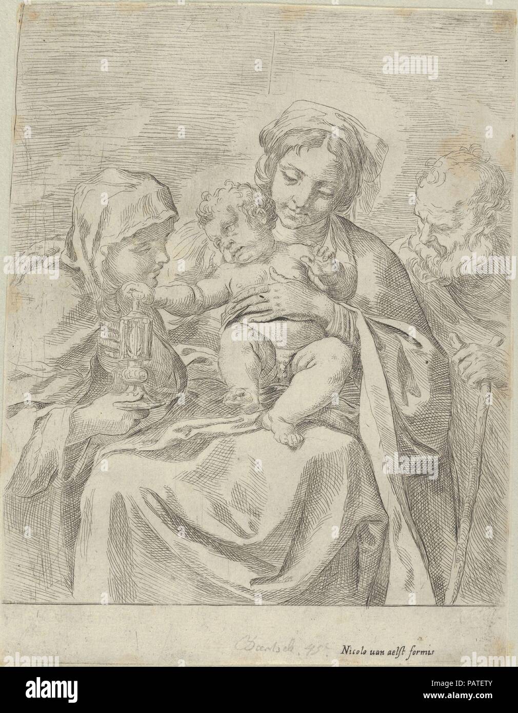 Die Heilige Familie mit der Hl. Klara. Artist: Guido Reni (Italienisch, Bologna Bologna 1575-1642). Abmessungen: Blatt (getrimmte): 9 5/16 x 7 1/4 in. (23,7 × 18,4 cm). Herausgeber: Nicolaus van Aelst (Flandern, Brüssel 1526-1613 Rom). Datum: 1590-1600. Verso nicht sichtbar wie das Drucken auf einem anderen Blatt Papier. Museum: Metropolitan Museum of Art, New York, USA. Stockfoto