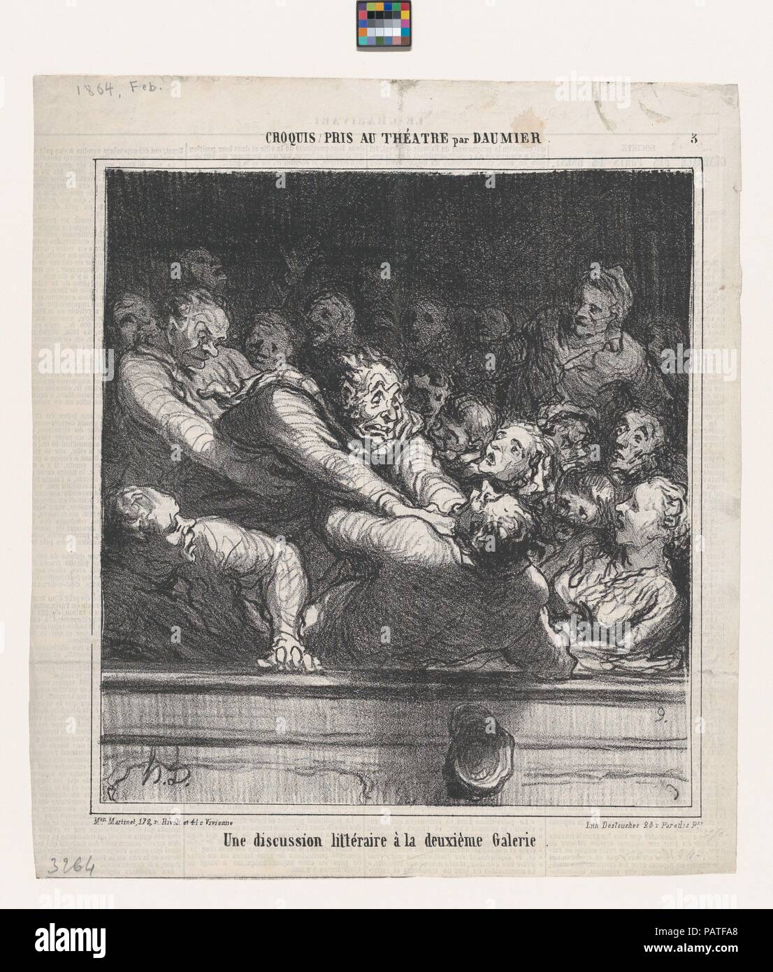 Ein literarisches Argument auf der zweiten Stufe, von 'Theater Skizzen", in Le Charivari, 27. Februar 1864 veröffentlicht. Artist: Honoré Daumier (Französisch, Marseille 1808-1879 Valmondois). Abmessungen: Bild: 9 7/16 x 8 11/16 in. (23,9 × 22,1 cm) Blatt: 11 11/16 x 10 7/16 in. (29,7 × 26,5 cm). Drucker: destouches (Paris). Herausgeber: Aaron Martinet (Französisch, 1762-1841). Serie/Portfolio: 'Theater Skizzen" (Croquis pris au Théatre). Datum: Februar 27, 1864. Museum: Metropolitan Museum of Art, New York, USA. Stockfoto