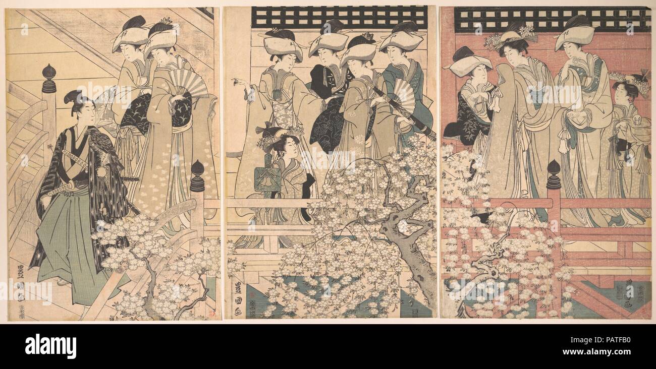 Schönheiten auf der Veranda unter Kirschblüten, aus denen ein Samurai verlässt. Artist: Utagawa Toyokuni I (Japanisch, 1769-1825). Kultur: Japan. Abmessungen: A: H. 14 13/16-in. (37,6 cm); W. 10 1/16-in. (25,6 cm) B: H.14 cm. (37,5 cm); W. 10. (25,4 cm) C: H. 14 3/16 in. (36 cm); W. 9 15/16 in. (25,2 cm). Datum: Ca. 1800. Museum: Metropolitan Museum of Art, New York, USA. Stockfoto