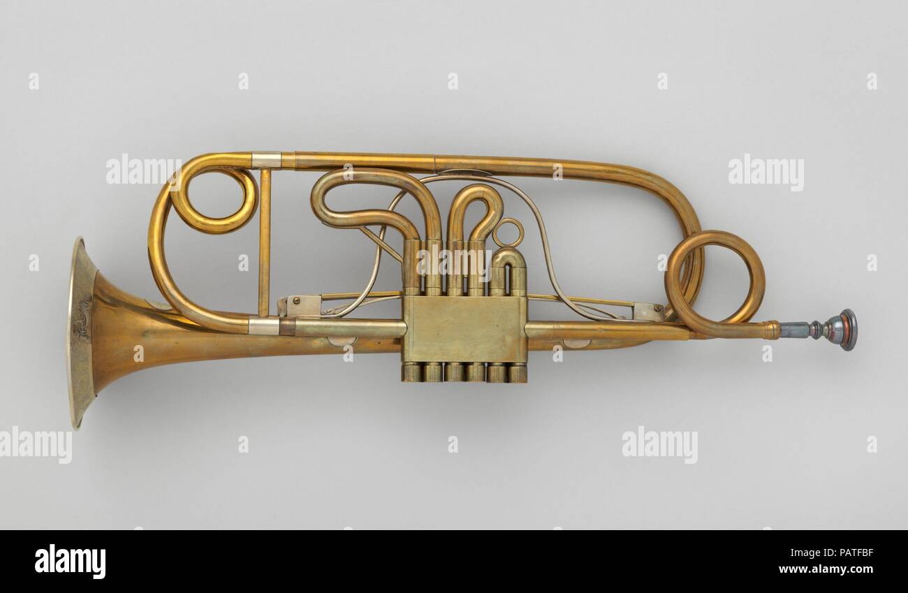 Ventil Trompete. Abmessungen: Höhe: 15 cm. (39,4 cm) Durchmesser (Bell): 4  1/2 in. (11,4 cm). Schöpfer: Elbridge G. Wright (Ashby, Massachusetts  1811-1871 in Boston, Massachusetts). Datum: Ca. 1845. Diese Trompete in C,