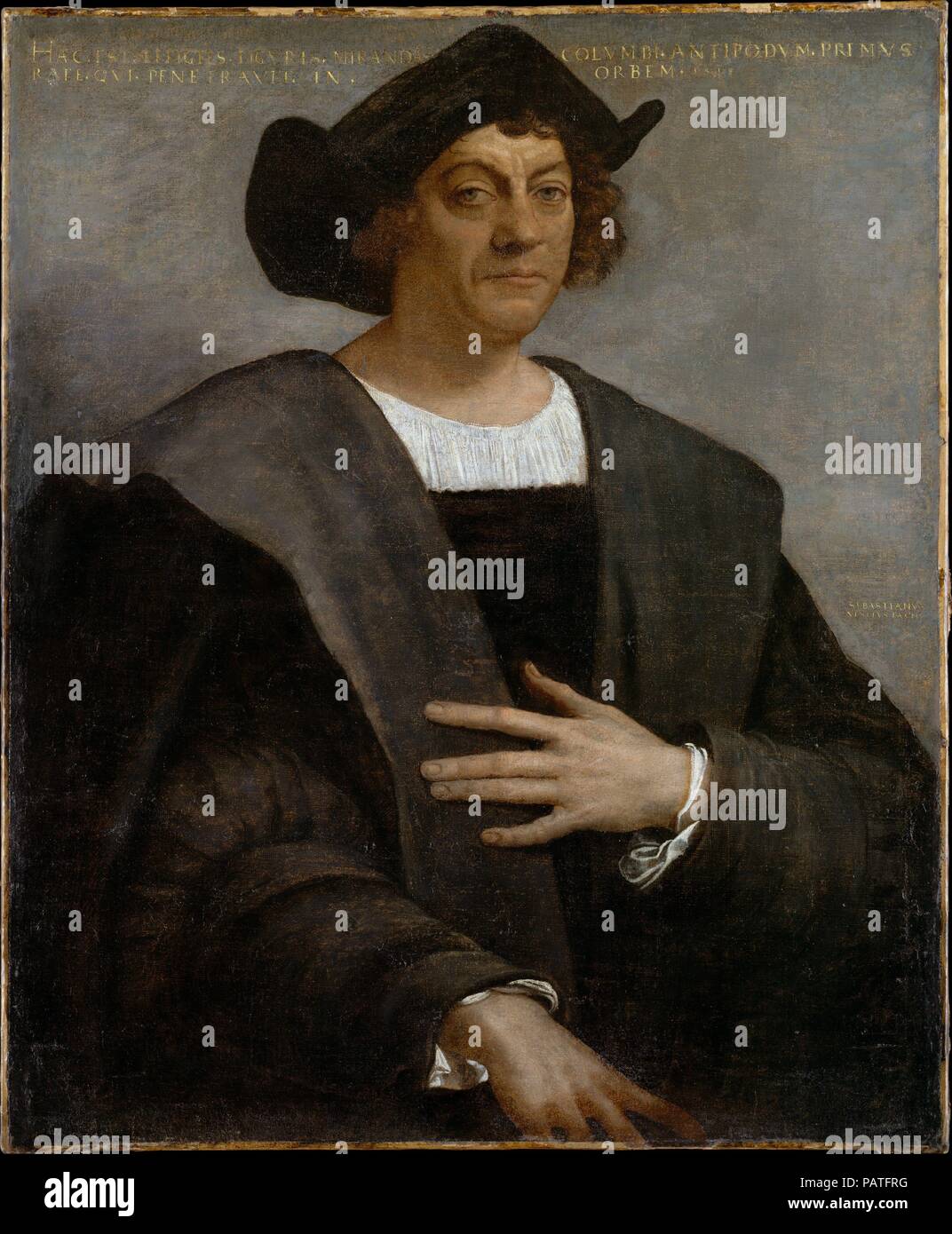 Porträt eines Mannes, sagte Christopher Columbus (ca. 1446 geboren, gestorben 1506). Künstler: Sebastiano del Piombo (Sebastiano Luciani) (Italienisch, Venedig (?) 1485/86-1547 Rom). Abmessungen: 42 x 34 cm. (106,7 x 88,3 cm). Datum: 1519. In Rom Gemalt von einer der herausragenden Venezianischen Meister der Hochrenaissance, diese schwer beschädigt Portrait von sich behauptet, Christopher Columbus zu zeigen. Die Inschrift kennzeichnet ihn als 'der Ligurischen Colombo, der erste per Schiff in die Welt der Antipoden 1519, "aber das Schreiben ist nicht ganz vertrauenswürdig und das Datum 1519 bedeutet, dass es nicht wurden. Stockfoto