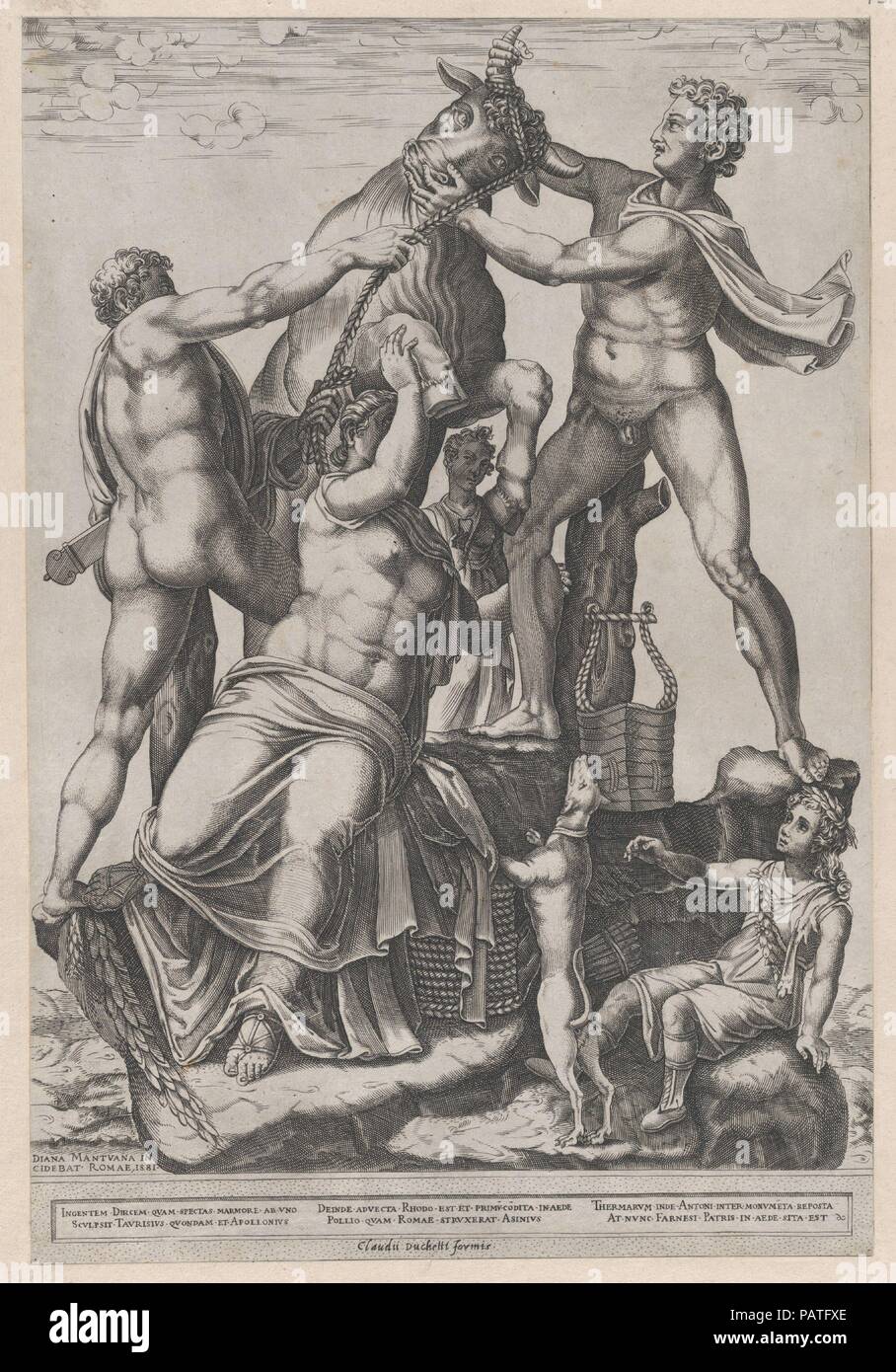 Speculum romanae Magnificentiae: Amphion und Zethus binden Dirce zu einem wilden Stier [Der Farnese Stier]. Artist: Diana Scultori (Italienisch, Mantua Ca. 1535?-nach 1588 Rom). Maße: Blatt: 18 1/8 x 13 9/16 in. (46 x 34,4 cm): 15 1/2 x 10 1/2 in. (39,4 x 26,6 cm). Herausgeber: Claudio Duchetti (Italienisch, aktive Venedig und Rom, Ca. 1565 - starb. 1585). Serie/Portfolio: Speculum romanae Magnificentiae. Datum: 1581. Dieser Ausdruck stammt aus der Kopie für das Museum von Speculum romanae Magnificentiae (Der Spiegel der Römischen Pracht) Das Speculum seinen Ursprung im Verlags- Bemühungen von Antoni gefunden Stockfoto