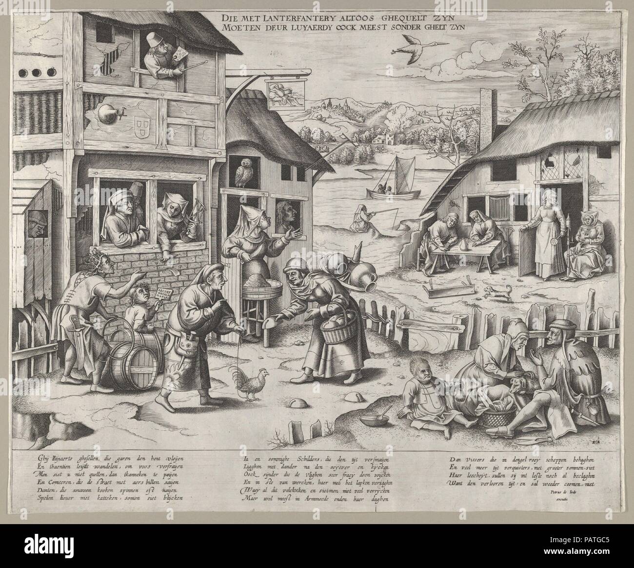 Einen flämischen Dorf mit zehn Sprüche auf Faulheit. Artist: Frans Huys (Niederländischen, 1522-1562). Herausgeber: von Pieter de Jode veröffentlicht Ich (Niederländischen, Antwerpen 1570 - Antwerpen 1634). Datum: n. d.. Museum: Metropolitan Museum of Art, New York, USA. Stockfoto