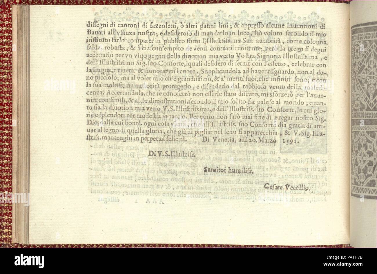 Corona delle Donne Nobili et wirbelnden Rondothema fort: Libro I-IV, Seite 58 (verso). Abmessungen: Insgesamt: 5 1/2 x 7 11/16 in. (14 x 19,5 cm). Erschienen in: Venedig. Herausgeber: Cesare Vecellio (Italienisch, Pieve di Cadore 1521-1601 Venedig), Venedig. Datum: 1601. Von Cesare Vecellio, Italienisch, Pieve di Cadore 1521-1601 Venedig, Venedig veröffentlicht. Fortsetzung der Widmung von der vorherigen Seite. Text in Schwarz gedruckt. Museum: Metropolitan Museum of Art, New York, USA. Stockfoto