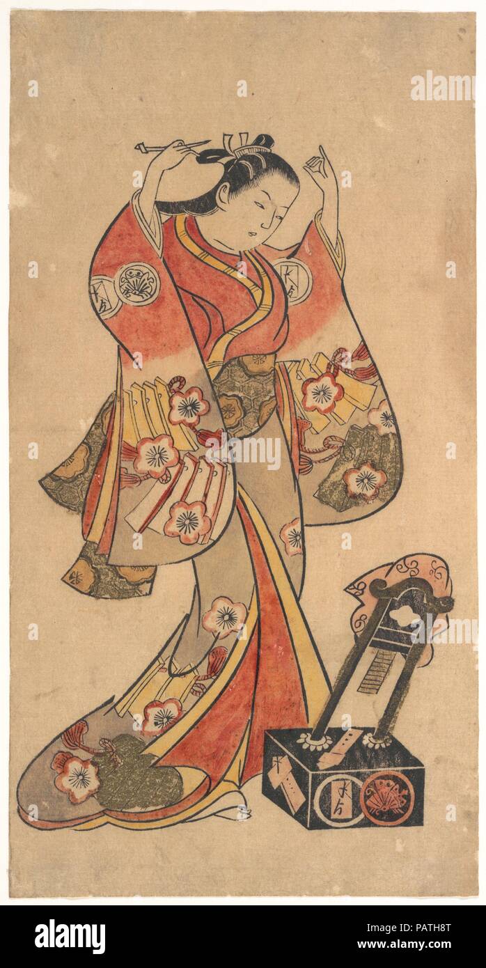 Portrait von Sanjo Kantaro in der weiblichen Rolle der Yaoya Oshichi im Spiel 'Fuji Nr.+" ("Die hohen Gipfel des Mount Fuji'). Artist: zugeschrieben Torii Kiyomasu II (Japanisch, 1706-1763). Kultur: Japan. Abmessungen: H.11 cm. (28,9 cm); W. 6. (15,2 cm). Datum: Ca. 1730-40. Dieses drucken porträtiert Sanjo Kantaro, ein Schauspieler, der in den weiblichen Identitätswechsel spezialisiert. Durch Isolierung der Schauspieler und der Spiegel in der undefinierten Raum, Kiyomasu eine ikonische Bild erstellt. Der rückwärts gerichteten Spiegel, Quellensteuer Reflexion des Schauspielers, regt den Betrachter, sich vorzustellen, was Kantaro sieht. Die karge Umgebung Stockfoto