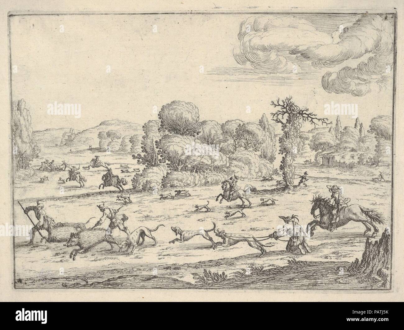 Wildschwein Jagd in einer Landschaft. Artist: Ercole Bazicaluva (Italienisch, geboren in Pisa (?), Ca. 1600, aktive Florenz Ca. 1638). Maße: Blatt: 5 9/16 x 7 1/4 in. (14,2 × 18,4 cm) Platte: 4 13/16 x 6 9/16-in. (12,3 × 16,7 cm). Datum: Ca. 1620-38. Museum: Metropolitan Museum of Art, New York, USA. Stockfoto