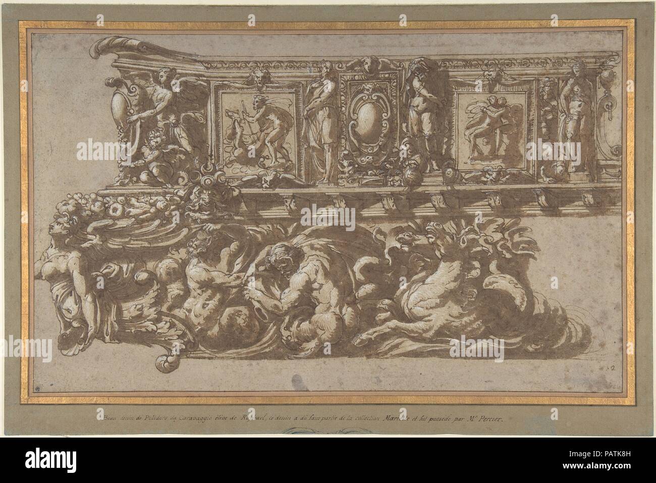 Design für ein Festival schweben." oder "Aufsch. Artist: Kreis der Perino Del Vaga (Pietro Buonaccorsi) (Italienisch, Florenz 1501-1547 Rom); ggf. durch Prospero Fontana (Italienisch, Bologna Bologna 1512-1597). Maße: Blatt: 10 1/4 x 16 7/8 in. (26,1 × 42,8 cm) Berg: 12 cm. × 18 11/16 in. (31,4 × 47,4 cm). Datum: Ca. 1530-40. Eine andere Studie mit einigen Variationen für diese aufwändige dekorative Konstruktion, die auch für ein Festival Schwimmer gedacht gewesen sein kann, wird im Musée des Beaux-Arts, Rennes (Inv. C 65,1). Beide Zeichnungen in New York und Rennes tragen eine traditionelle Zuordnung zu Polidoro da Cara Stockfoto