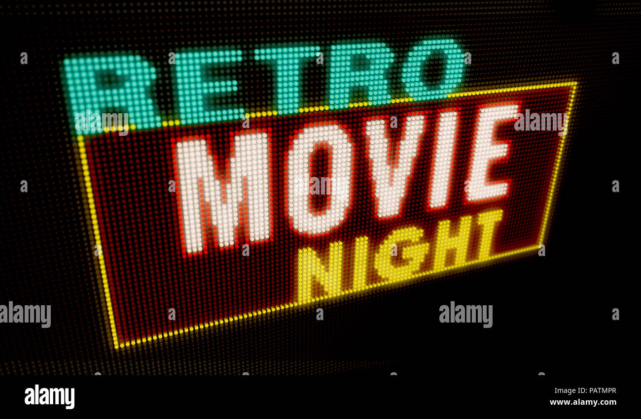 Retro Movie Night intro Leuchtbuchstaben auf Big neon Display mit großen Pixeln. Helles Licht text auf Lampen angezeigt. Veranstaltung Werbung Stockfoto