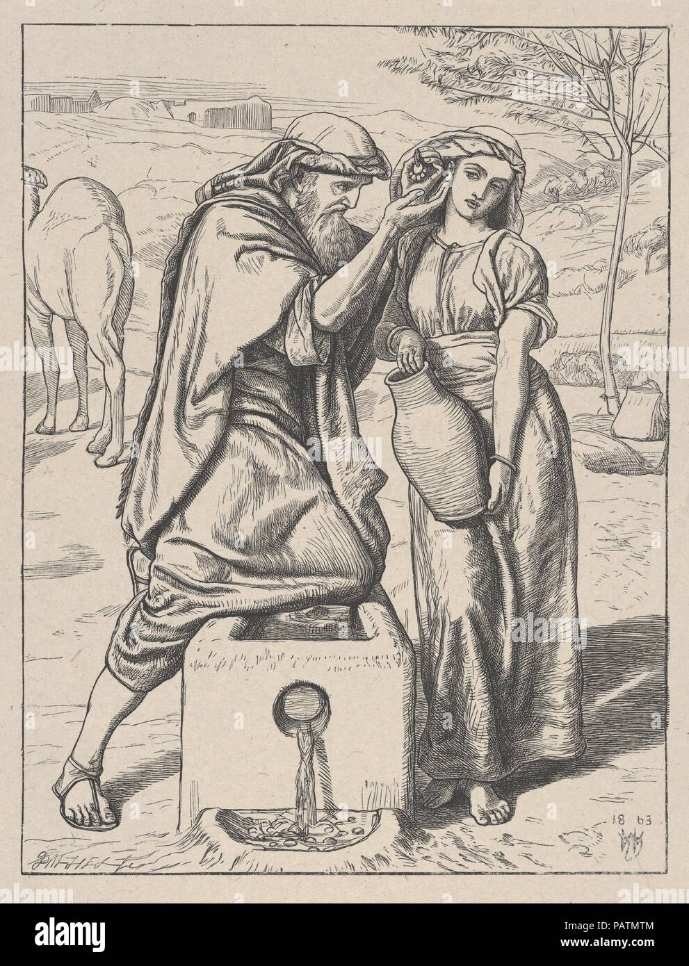 Elieser und Rebekka am Brunnen (Dalziels "Bibel Galerie). Artist: Nach William Holman Hunt (Briten, London 1827-1910 London). Abmessungen: Bild: 7. × 5 5/16 in. (17,8 × 13,5 cm) Indien Blatt: 9 1/8 x 7 3/8 in. (23,2 × 18,7 cm) Berg: 16 7/16 in. × 12 15/16 in. (41,8 × 32,8 cm). Engraver: Dalziel Brüder (British, 1839-1893) aktiv. Drucker: Camden Drücken Sie (Briten, London). Verlag: Scribner und Welford (New York, NY). Datum: 1863-81. Als Gründung Pre-Raphaelite, Jagd produziert religiöse Themen mit einem intensiven Realismus, infundiert Alltagsgegenstände mit symbolische Resonanz. Dieses, sein o Stockfoto