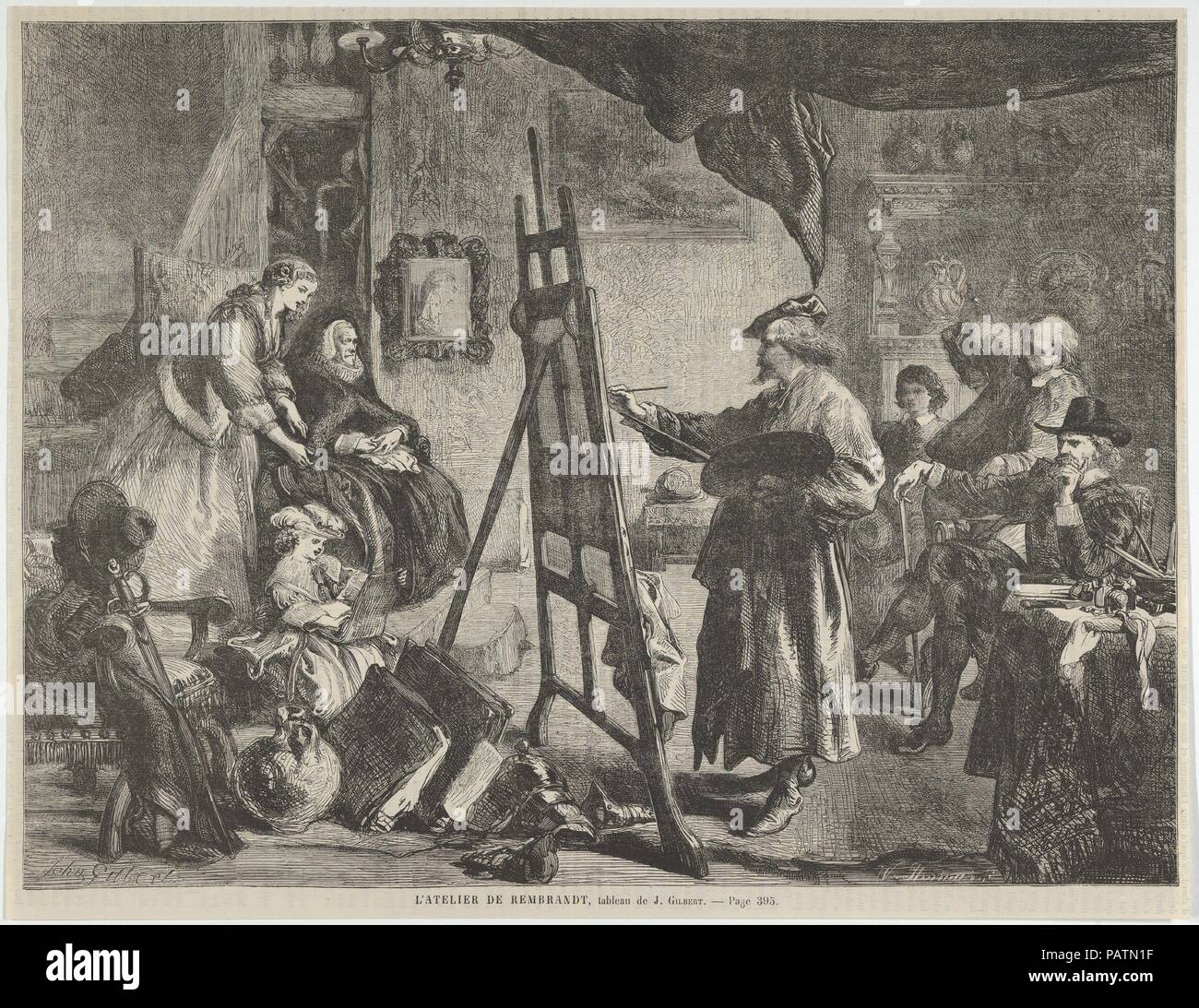 L'Atelier de Rembrandt, tableau de J. Gilbert, von 'L'Univers Illustré", S. 395. Artist: Nach Sir John Gilbert (Briten, London 1817-1897 London). Maße: Blatt: 9 3/4 x 12 5/8 in. (24,7 × 32 cm). Engraver: William Luson Thomas (Briten, London 1830-1900 Chertsey, Surrey). Betrifft: Rembrandt (Rembrandt van Rijn) (Niederländisch, Leiden 1606-1669 Amsterdam). Datum: November 14, 1861. Museum: Metropolitan Museum of Art, New York, USA. Stockfoto