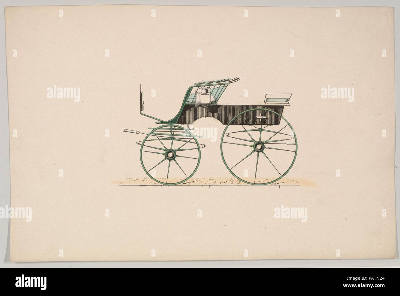 Design für 4 Sitz Phaeton, keine oben (ohne Nummer). Maße: Blatt: 5 11/16 x 8 11/16 in. (14,4 × 22,1 cm). Hersteller: Brewster & Co (American, New York). Datum: 1850-1910. Brewster & Unternehmen Geschichte Gegründet 1810 von James Brewster (1788-1866) in New Haven, Connecticut, Brewster&Company, bei der Herstellung von feinen Wagen spezialisiert. Der Gründer eröffnet Showroom in New York 1827 am 53-54 Broad Street, und das Unternehmen unter Generationen der Familie Führung blühte. Expansion erforderte bewegt sich rund um Manhattan, mit Namen Änderungen betreffen, die die Schichten von Management - James Bre Stockfoto