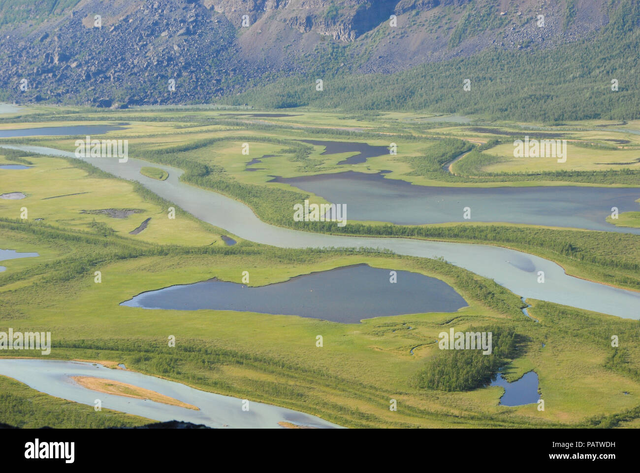 Die Schönheit des nördlichen Schweden - Rapaätno delta. Sarek, Norrbotten, Schweden. Stockfoto