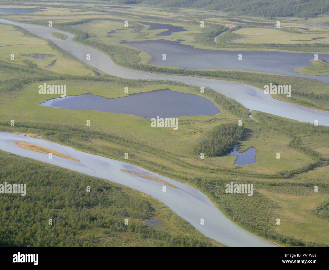 Die Schönheit des nördlichen Schweden - Rapaätno delta. Jokkmokk, Norrbotten, Schweden. Stockfoto