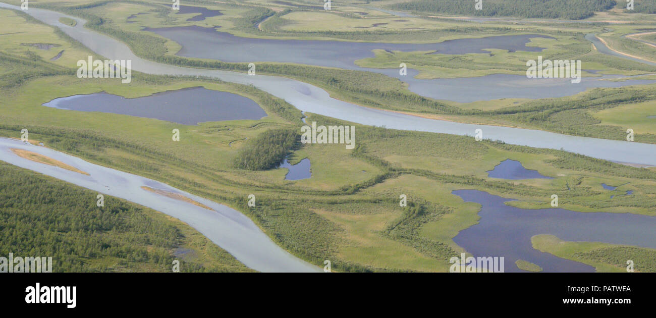 Die Schönheit des nördlichen Schweden - Rapaätno delta. Sarek, Norrbotten, Schweden. 30.06.2009. Stockfoto
