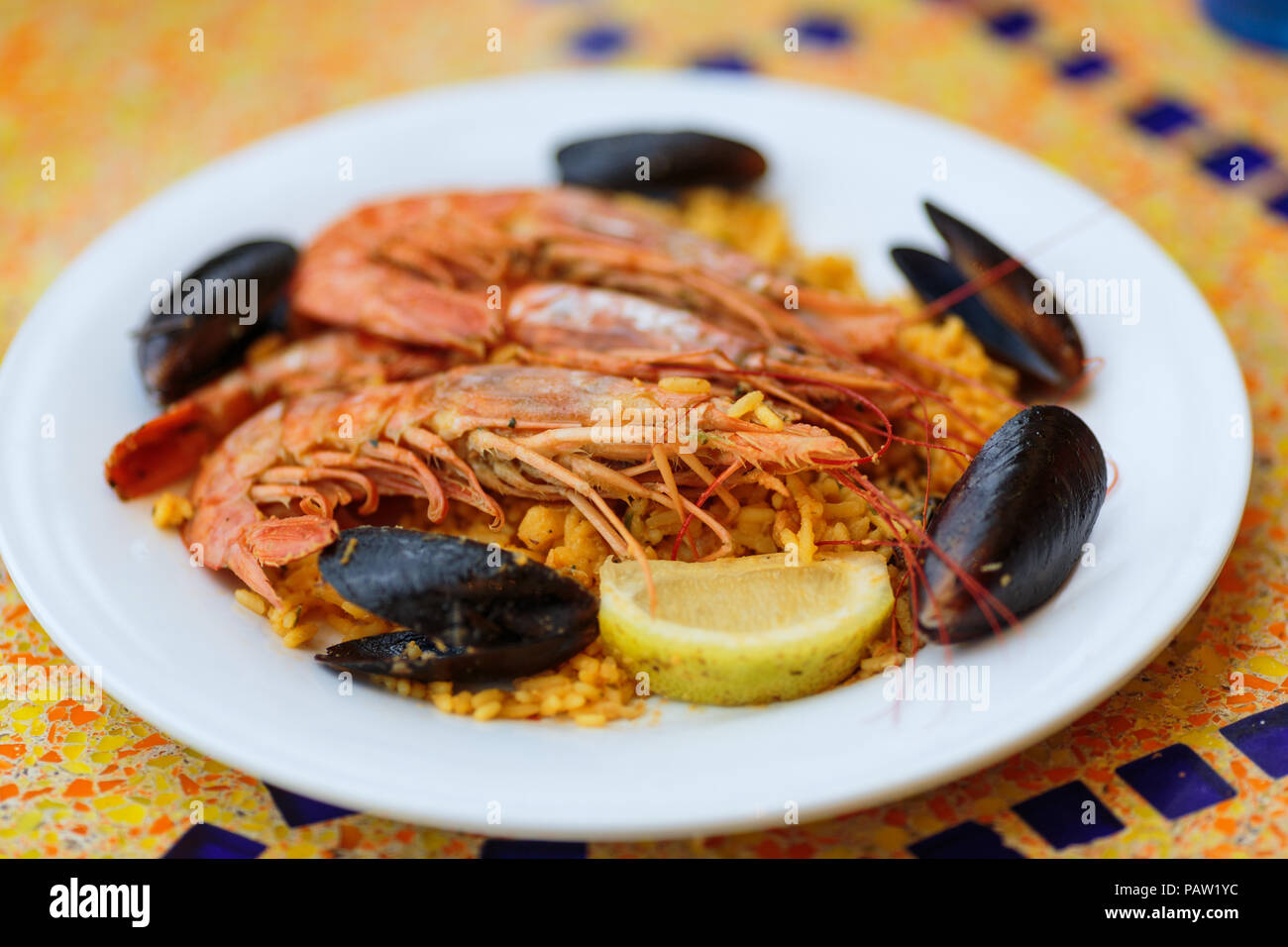 Royal Paella. Lecker Reis mit Riesengarnelen und Muscheln Stockfoto