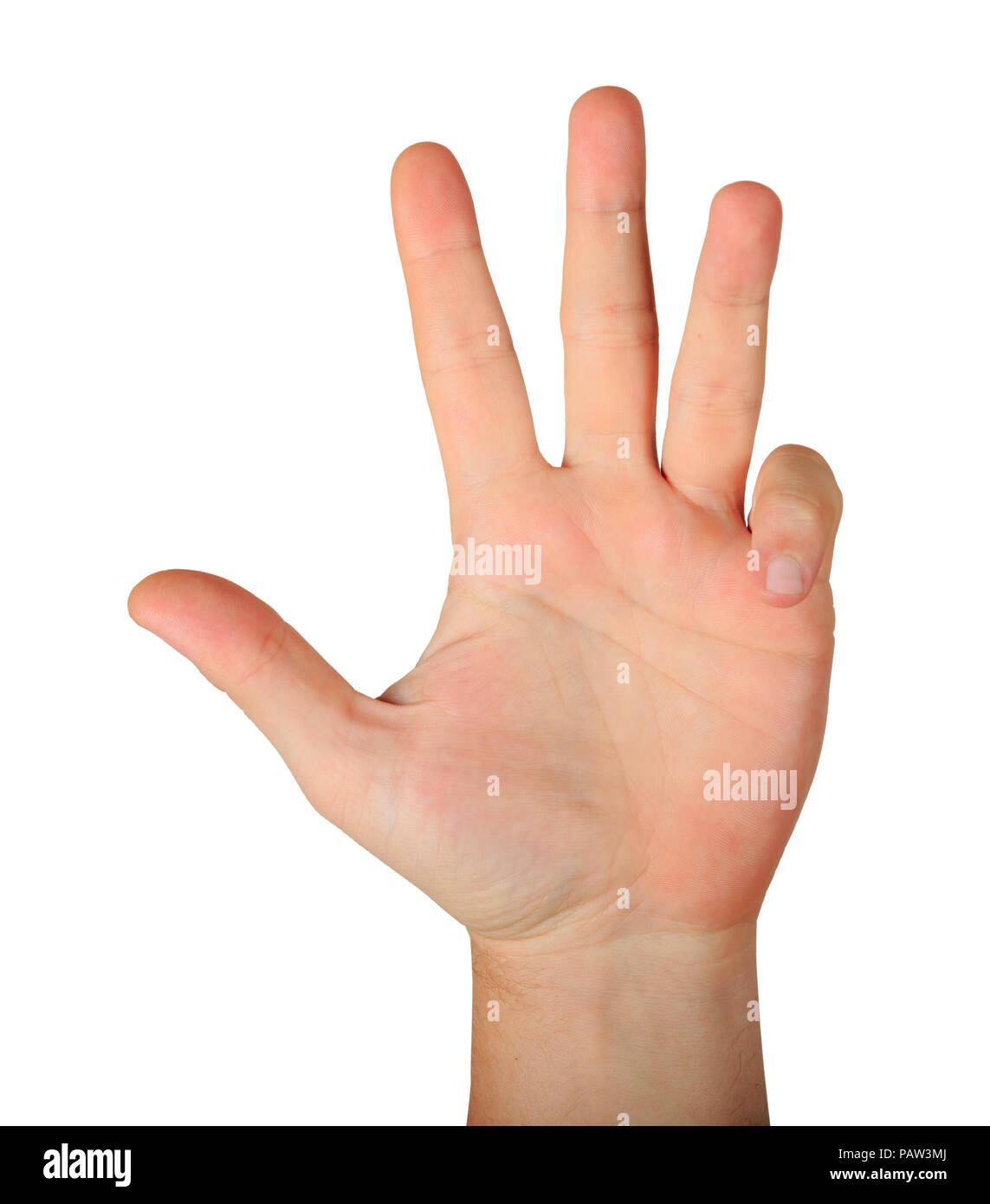 Geste männliche Hand öffnen Sie Palm mit vier Fingern auf weißem Hintergrund. Finger zählen drei Stockfoto