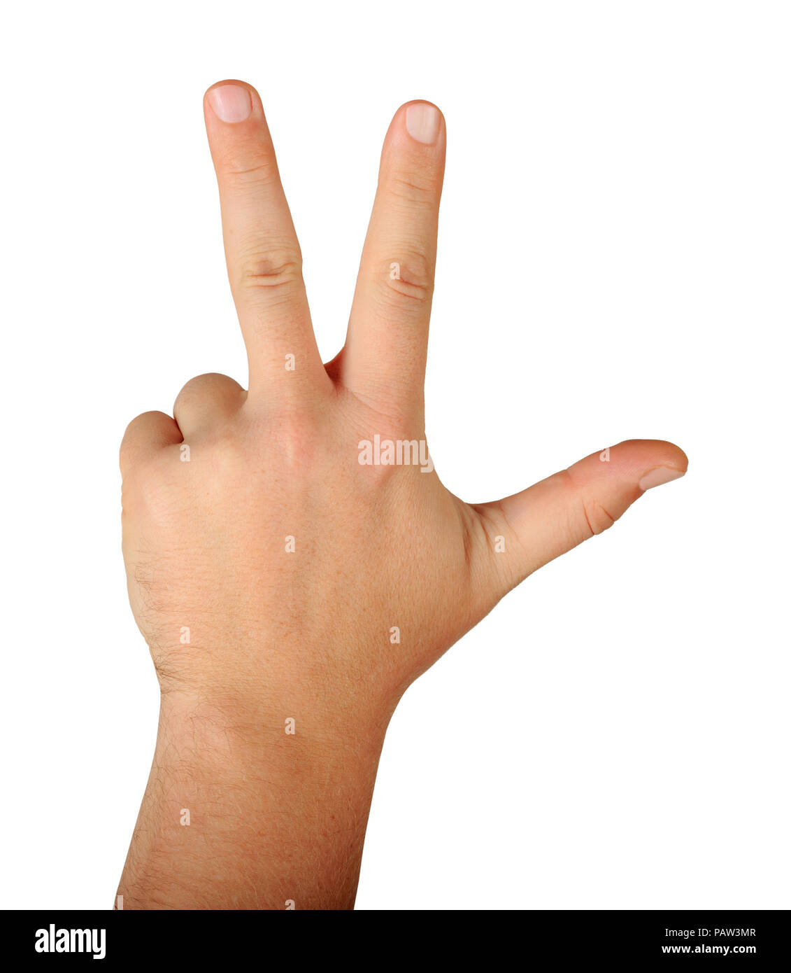 Geste männliche Hand mit drei Fingern Rückansicht auf weißem Hintergrund.  Finger zählen drei Stockfotografie - Alamy