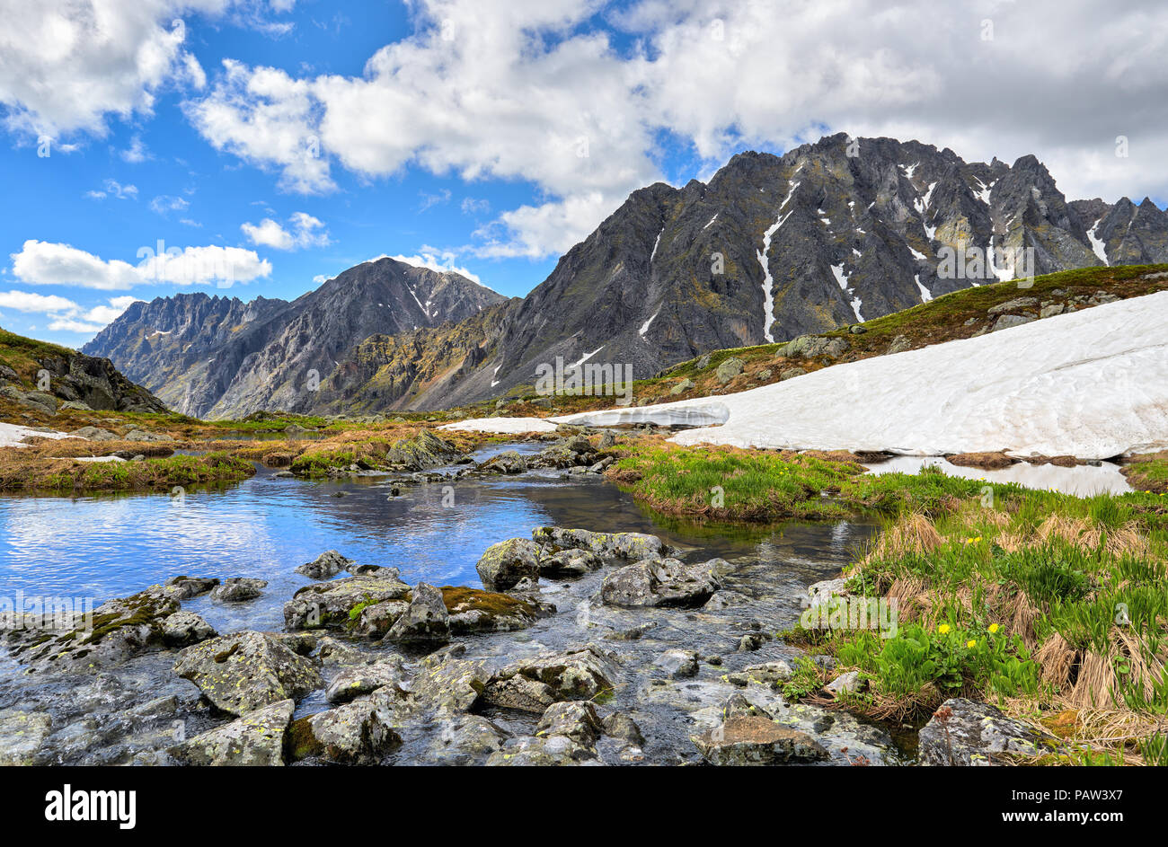 Steine mit Moos und Flechten über Wasser bedeckt in einem Berg hohl. Juni. Ostsibirien. Russland Stockfoto