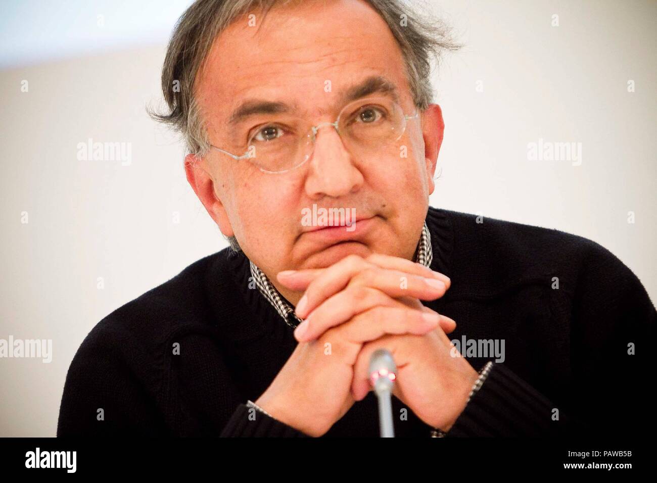 Pressekonferenz nach dem Treffen der letzte Fiat Chrysler Aktionäre in Turin. Im Foto Sergio Marchionne (Mediapress Lapone, Turin - 2014-08-01) ps das Foto kann verwendet werden, um die Einhaltung der Kontext, in dem es aufgenommen wurde, und ohne die diffamierende Absicht der Menschen vertreten (Mediapress Lapone, Foto Repertorio - 2018 -07-25) ps das Foto kann verwendet werden, um die Einhaltung der Kontext, in dem es aufgenommen wurde, und ohne die diffamierende Absicht der Dekoration der Menschen vertreten Stockfoto