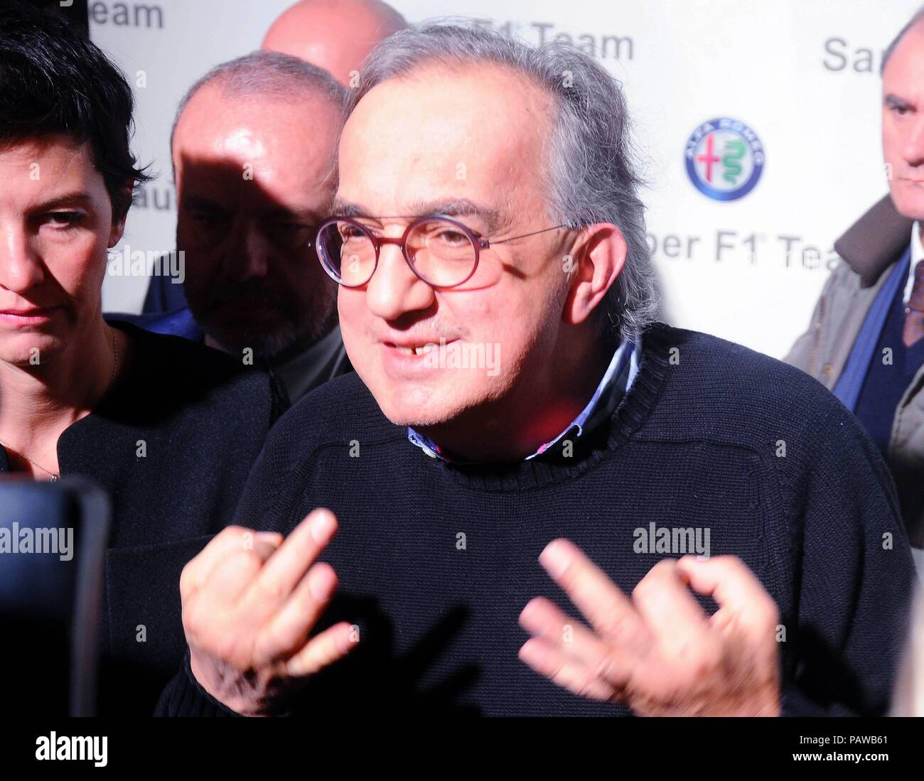 Präsentation des neuen Formel 1-Auto des Alfa Romeo-Sauber, in Arese in das Alfa Romeo Museum. Auf dem Foto Sergio Marchionne (Maurizio Maule, Arese - 2017-12-02) ps das Foto verwendet werden können, wobei der Kontext, in dem es aufgenommen wurde, und ohne die diffamierende Absicht der Menschen vertreten (Maurizio Maule, Foto Repertorio - 2018 -07-25) ps das Foto kann verwendet werden, um die Einhaltung der Kontext, in dem es aufgenommen wurde, und ohne die diffamierende Absicht der Dekoration der Menschen vertreten Stockfoto