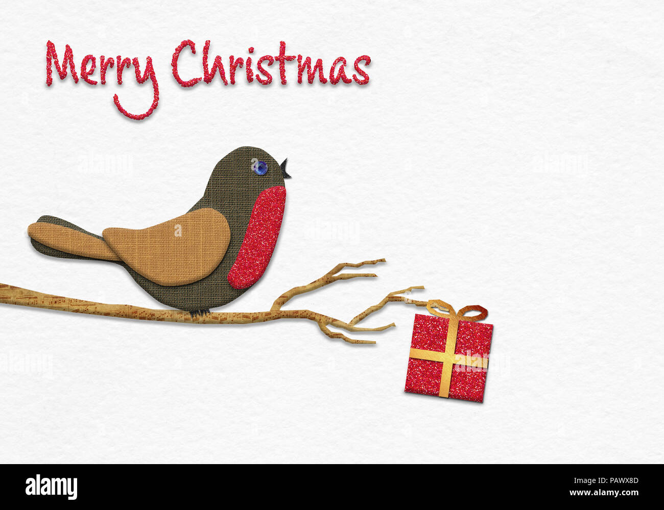 Frohe Weihnachten Nachricht, Weihnachten Robin handgefertigt aus Papier collage Stil Konzept Abbildung auf handgefertigte Wasser Farbe Papier Hintergrund Stockfoto