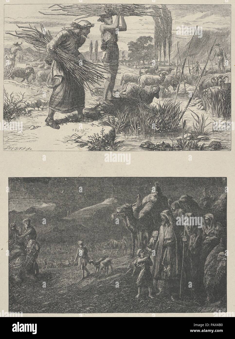 Jakob und die Herden von Laban-Jacob der Abgang von Laban (Dalziels "Bibel Galerie). Artist: Thomas Dalziel (Briten, Altdorf, Northumberland 1823-1906 Herne Bay, Kent). Abmessungen: Bild: 4 5/8 x 7 3/16 in. (11,7 × 18,2 cm) Bild: 4 3/16 x 6 7/8 in. (10,7 × 17,5 cm) Indien: 11 3/16 x 8 11/16 in. (28,4 × 22 cm): 16 3/8 in. × 12 15/16 in. (41,6 × 32,9 cm). Engraver: Dalziel Brüder (British, 1839-1893) aktiv. Drucker: Camden Drücken Sie (Briten, London). Verlag: Scribner und Welford (New York, NY). Datum: 1865-81. Museum: Metropolitan Museum of Art, New York, USA. Stockfoto