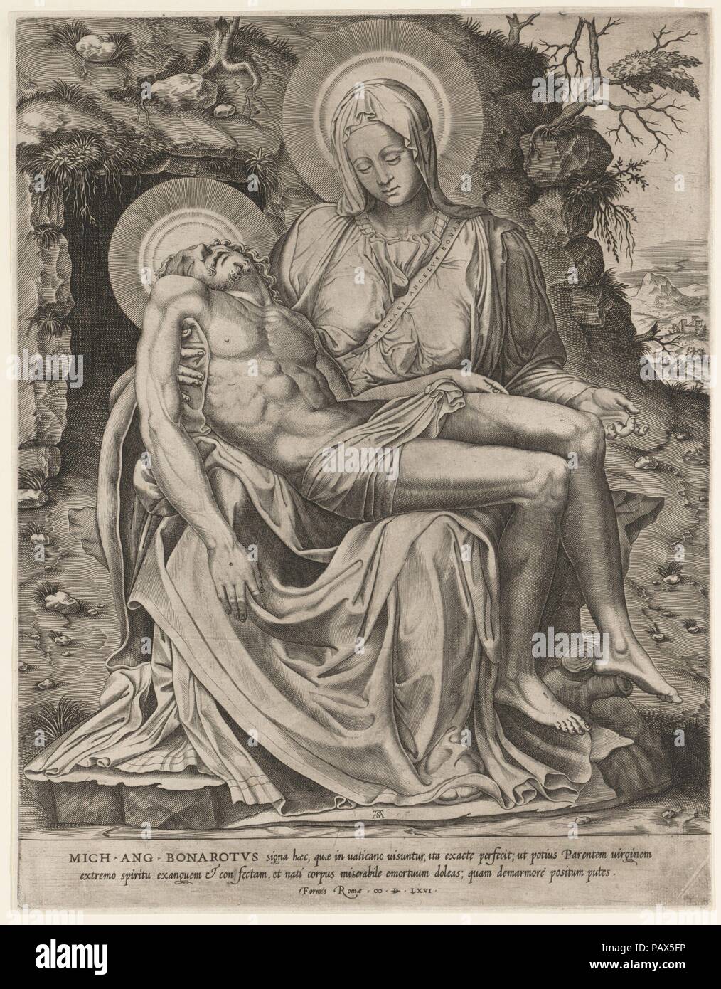 Vatikan Pietà. Artist: Nach Michelangelo Buonarroti (Italienisch, Caprese 1475-1564 Rom); Adamo (ghisi) Scultori (Italienisch, Mantua Ca. 1530-1587 Rom). Maße: Blatt: 14 3/8 x 11 1/8 in. (36,5 x 28,3 cm). Datum: 1566. Museum: Metropolitan Museum of Art, New York, USA. Stockfoto