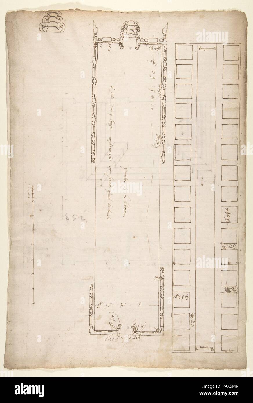 San Lorenzo, Bibliothek, Plan; wider Decke plan; Treppe, Detail (recto) San Lorenzo, Ricetto, Plan (verso). Maße: Blatt: 17 3/8 x 11 13/16-in. (44,1 x 30 cm). Verfasser der Stellungnahme: Gezeichnet von Anonym, Französisch, 16. Datum: Anfang bis Mitte des 16. Jahrhunderts. Museum: Metropolitan Museum of Art, New York, USA. Stockfoto