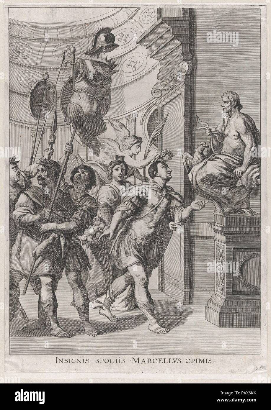 Platte30: Marcellus widmen: die Kriegsbeute zu Jupiter; von erenissimi Guillielmus Becanus's Principis Ferdinandi, Hispaniarum Infantis...'. Abmessungen: Blatt (getrimmte): 15. × 10 cm. (38,1 × 26,6 cm). Erschienen in: Antwerpen. Herausgeber: Johannes Meursius (Flämisch, aktive 1620-47). Datum: 1636. Am 28. Januar 1635, die Stadt Gent feierte der Eintrag von Cardinal-Infante Ferdinand von Spanien, dem kürzlich ernannten Gouverneur der Südlichen Niederlande. Eine Gruppe von flämischen Künstlern in Auftrag gegebene Gemälde zur Dekoration von zwei triumphbögen zu schaffen in der Stadt m errichtet. Stockfoto