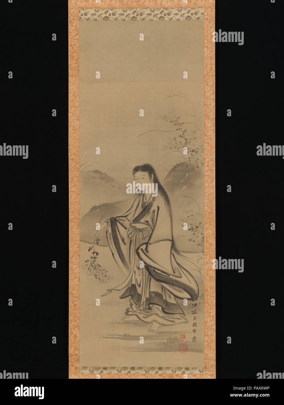 Kiku Jido (Chrysanthemum Junge). Artist: tsukioka Sessai (Japanisch, 1761-1839). Kultur: Japan. Abmessungen: Bild: 32×12. (81,3 × 30,5 cm). Datum: 18. Museum: Metropolitan Museum of Art, New York, USA. Stockfoto