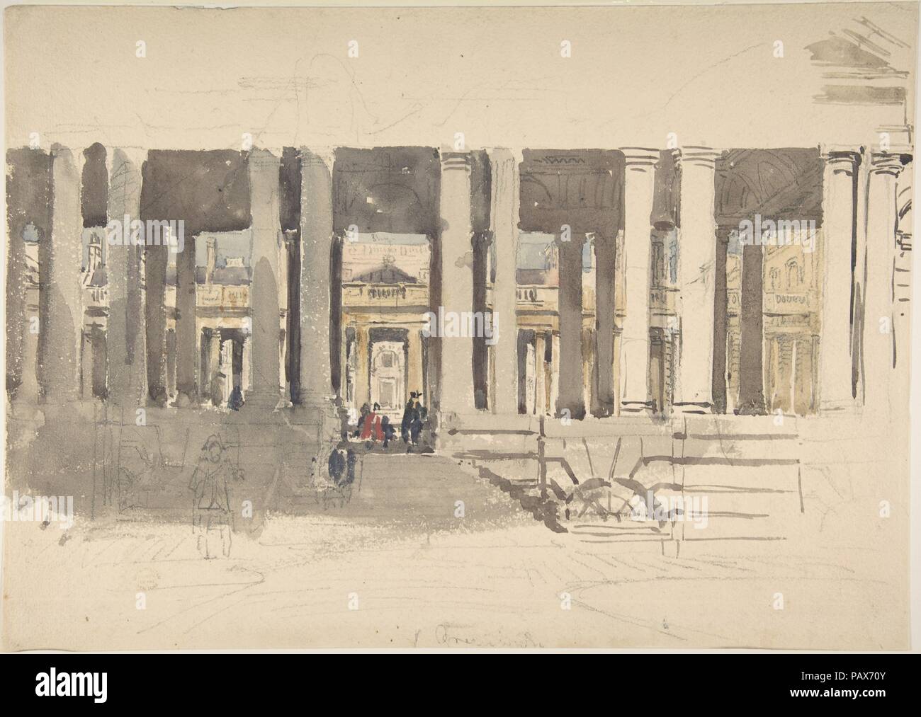 Greenwich Hospital (recto); Studie eines Gebäudes (verso). Artist: David Cox (British, 1783-1859 Harborne Birmingham, West Midlands). Maße: Blatt: 10 9/16 x 14 3/4 in. (26,8 x 37,5 cm). Datum: Ca. 1831. Diese schnelle Skizze strotzt mit nützlichen Informationen: In der Nähe der Oberseite des Blattes, zwischen den gekoppelten Säulen, Hauch von blau Aquarell (und anderswo, das Wort 'Blau') die Farbe des Himmels zeigen; an der oberen rechten, ein Dreieck von Braun waschen schlägt ein Giebel; in der Mitte, swift Anschläge von Schwarz, Rot und Blau beschreiben Figuren in Marine Uniform gekleidet. Cox begann seine Karriere als theatrica Stockfoto