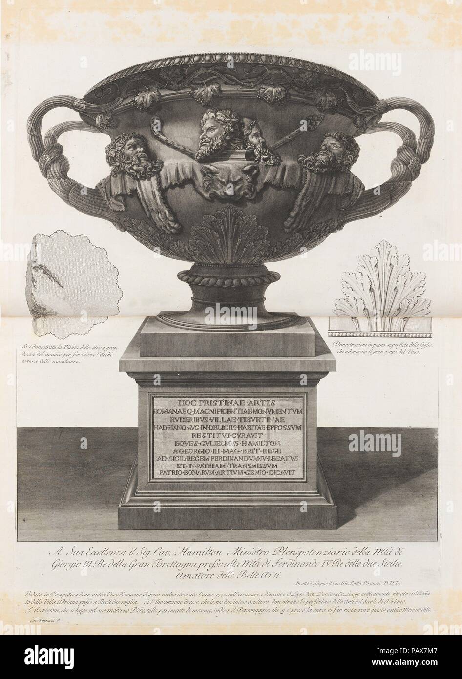 Große Vase am Pantanello, Hadrian's Villa, Tivoli, 1770 (der "Warwick Vase, 'von Vasi, candelabri, cippi, sarcofagi, tripodi, Luzern, ed Ed incisi ornamenti Antichi disegnati dal Cav. Gio. Batt. Piranesi, Vol. I (Vasen, Kandelaber, Grabsteine, Sarkophage, Stative, Lampen und Ornamente entworfen und von Cavalieri Giovanni Battista Piranesi geätzt). Artist: Giovanni Battista Piranesi (Italienisch, Mogliano Veneto Rom 1720-1778). Maße: Blatt: 21 5/8 x 31 1/2 in. (55 x 80 cm) Platte: 27 15/16 x 18 5/8 in. (71 x 47,3 cm) horizontal gedruckt. Serie/Portfolio: Vasi, candelabri, ci Stockfoto