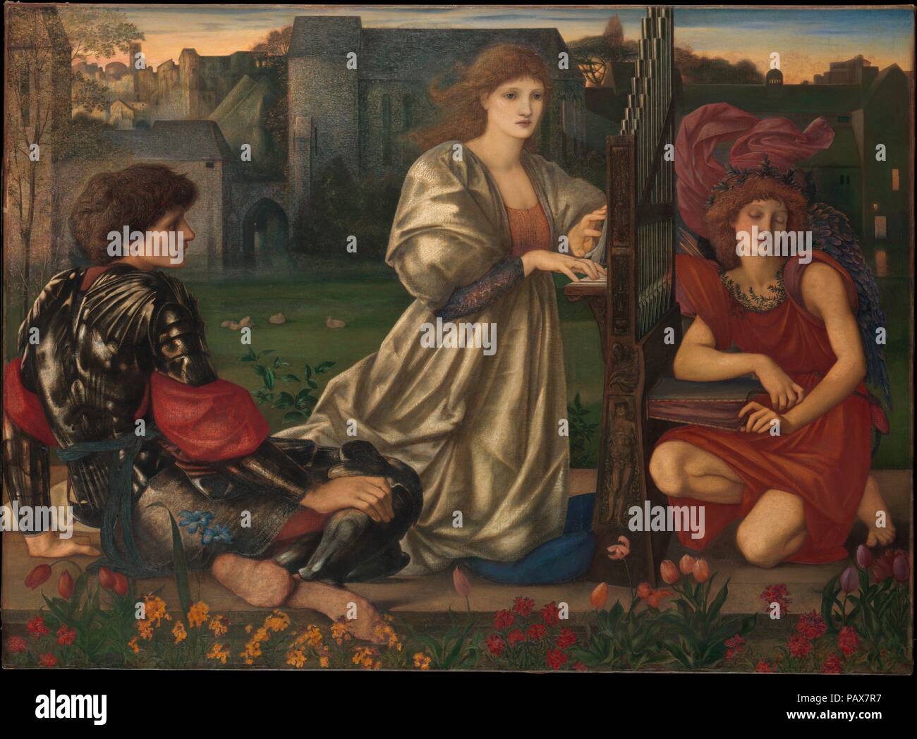 Die Love Song. Künstler: Sir Edward Burne-Jones (Briten, Birmingham 1833-1898 Fulham). Abmessungen: 45 x 61 3/8 in. (114.3 x 155.9 cm). Datum: 1868-77. Burne-Jones dieses Gemälde mit einem Refrain von einem Bretonischen Folk Ballade: "Ach, ich weiß, ein Liebeslied,/traurig oder glücklich und Nacheinander." Inspiriert von der gothicizing Pre-Raphaelite Bewegung, der Künstler zauberte eine twilight Szene mit einem reich romantische, mittelalterliche Luft, von Anspielungen auf die italienische Kunst der Renaissance erweitert, von den warmen, Taufrischen Farben zu den liebenswürdigen Figuren und original Rahmen, der an 16. und 17. Jahrhunderts Ven Stockfoto Die Love Song. Künstler: Sir Edward Burne-Jones (Briten, Birmingham 1833-1898 Fulham). Abmessungen: 45 x 61 3/8 in. (114.3 x 155.9 cm). Datum: 1868-77. Burne-Jones dieses Gemälde mit einem Refrain von einem Bretonischen Folk Ballade: "Ach, ich weiß, ein Liebeslied,/traurig oder glücklich und Nacheinander." Inspiriert von der gothicizing Pre-Raphaelite Bewegung, der Künstler zauberte eine twilight Szene mit einem reich romantische, mittelalterliche Luft, von Anspielungen auf die italienische Kunst der Renaissance erweitert, von den warmen, Taufrischen Farben zu den liebenswürdigen Figuren und original Rahmen, der an 16. und 17. Jahrhunderts Ven Stockfoto