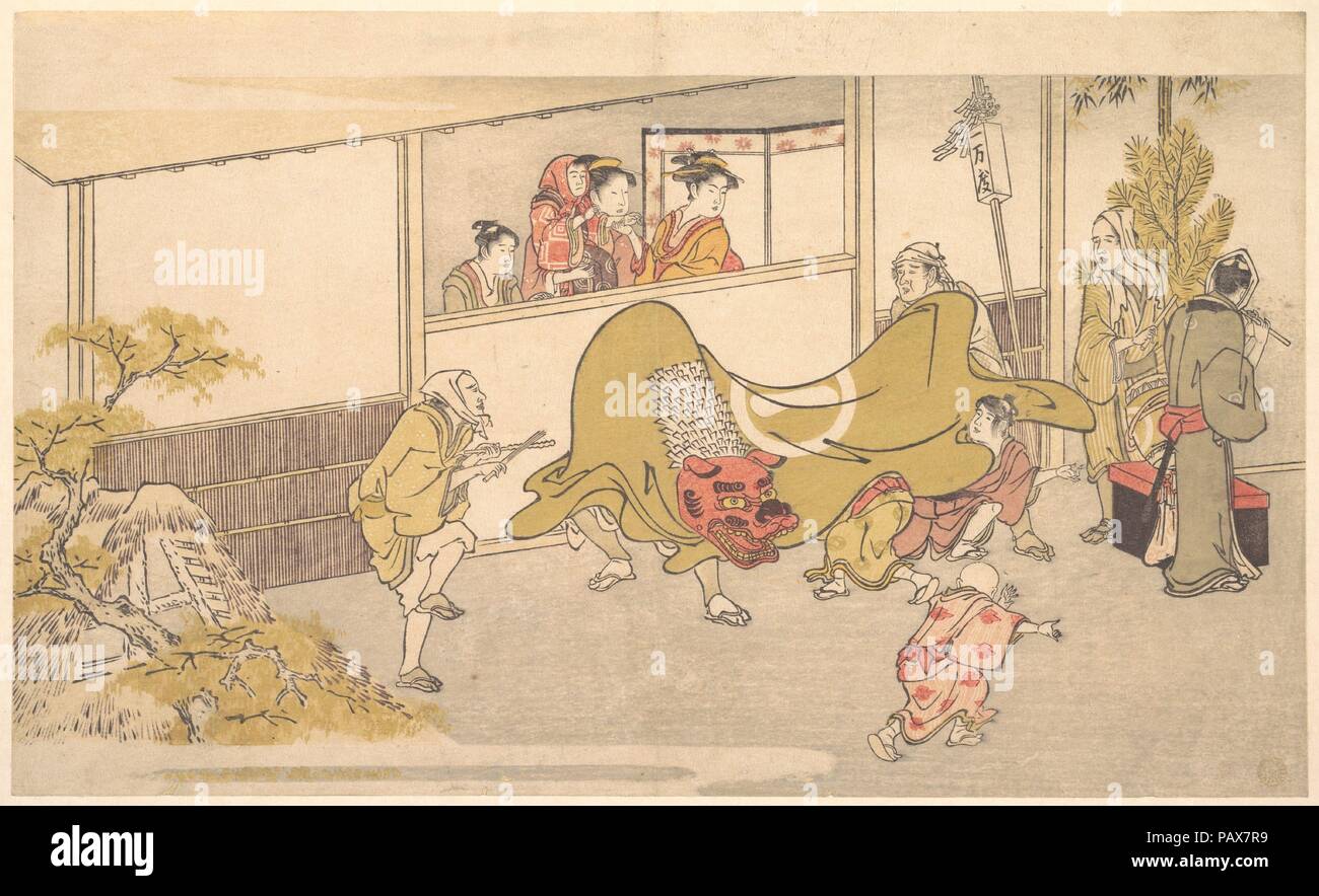 Der Löwentanz. Artist: Kitagawa Utamaro (Japanisch, Ca. 1754-1806). Kultur: Japan. Abmessungen: H. 8 1/4 in. (21 cm); W. 14 1/4 in. (36,2 cm). Datum: 1789. In dieser Abbildung der Szene ist ein Neues Jahr aus dem Buch "Ehon Waka Ebisu" (Tag des Neuen Jahres Zoll), Utamaro hat einige Frauen und Kinder in einem Fenster eingerahmt, wie Sie eine Straße Leistung des shishimai, oder Lion Dance beobachten. Einige Männer, die Form der Löwe, Verfolgungsjagden, nachdem ein Junge, ein Mann spielt eine Flöte, während ein anderer die Aufregung, ergänzt durch zwei Stöcke zusammen schlagen. Ein kleiner Junge mit einem erschrockenen Ausdruck wurde hoch für eine bessere vi gehoben Stockfoto