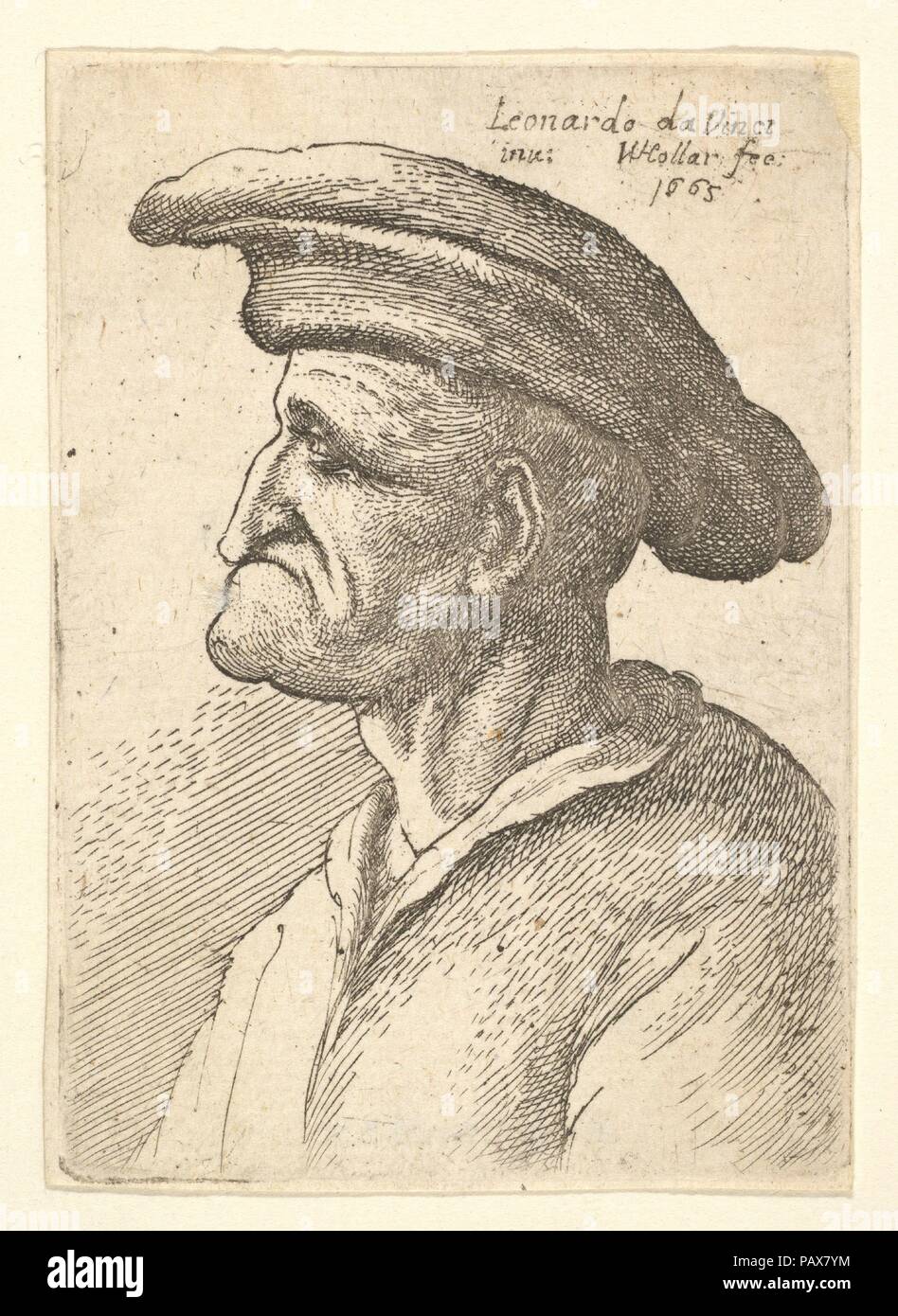 Büste von älteren Mann mit Nase, dass seine Unterlippe entspricht, tragen breite, flache Kappe im Profil nach links. Artist: Nach Leonardo da Vinci (Italienisch, Vinci 1452-1519 Amboise). Maße: Blatt: 2 5/8 x 1 7/8 in. (6,7 × 4,8 cm) Platte: 2 5/8 x 1 7/8 in. (6,6 × 4,7 cm). Plasmaätzer: Wenzel Hollar (Böhmische, Prag 1607-1677 London). Serie/Portfolio: Taucher Titleplate Anticke Gesichter und acht Platten. Datum: 1665. Museum: Metropolitan Museum of Art, New York, USA. Stockfoto