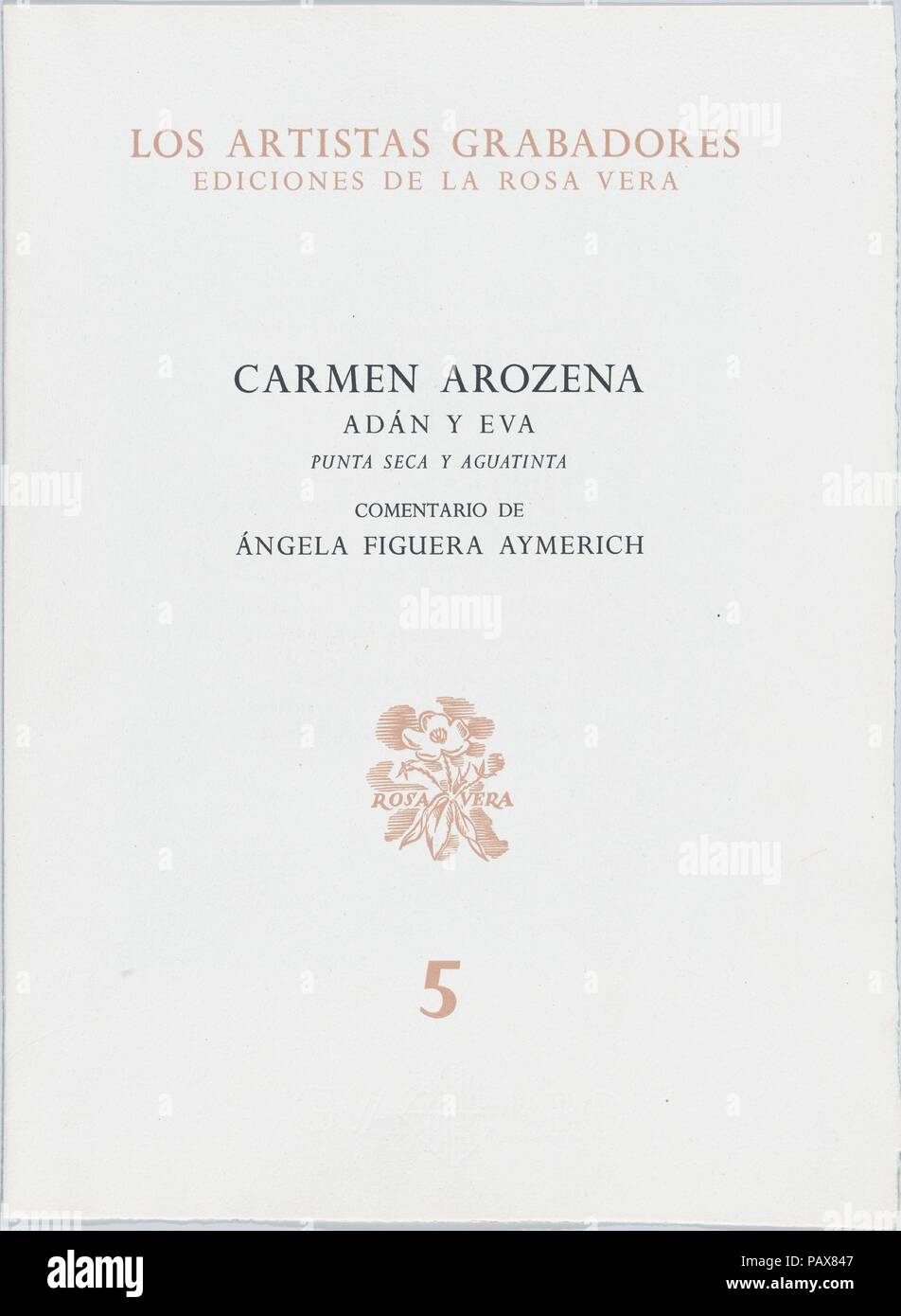 Adam und Eva (Nummer 5). Artist: Carmen Arozena (Spanisch, La Palma Madrid, 1917-1963). Autor: Ángela Figuera Aymerich (Spanisch, Bilbao, Madrid, 1902-1984). Maße: Blatt: 13 3/8 x 19 1/2 in. (34 × 49,5 cm) Platte: 9 5/8 x 7 5/16 in. (24,5 × 18,5 cm). Verlag: Ediciones de la Rosa Vera (Spanisch). Datum: Ca. 1959. Museum: Metropolitan Museum of Art, New York, USA. Stockfoto